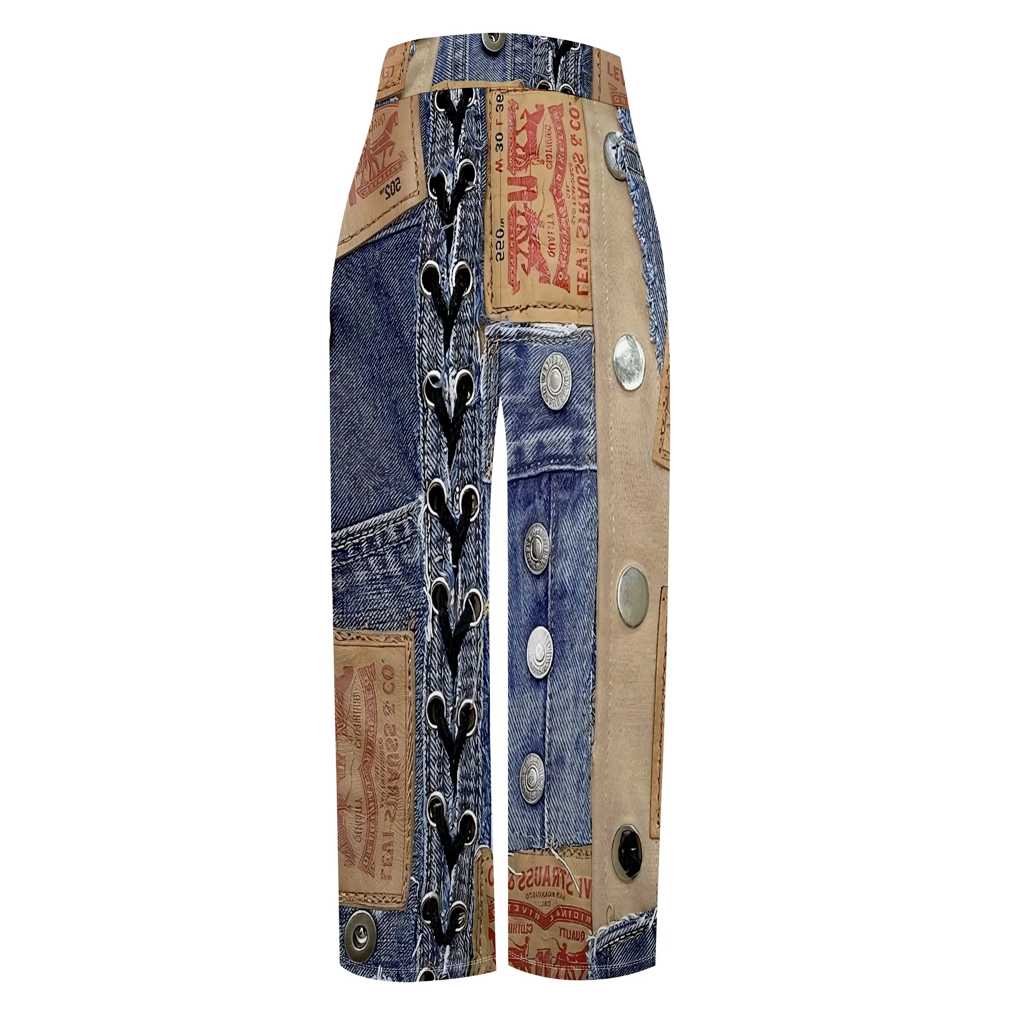 Faux Denim Printed High Waist Casual Personality Wide Leg Pants Faux Denim Printed High Waist Casual Personality Wide Leg Pants