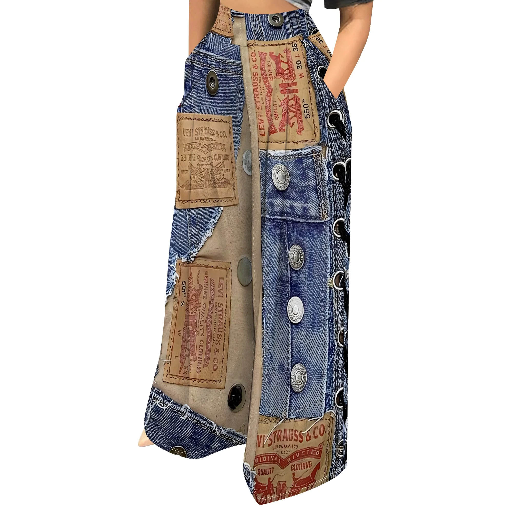 Faux Denim Printed High Waist Casual Personality Wide Leg Pants Faux Denim Printed High Waist Casual Personality Wide Leg Pants
