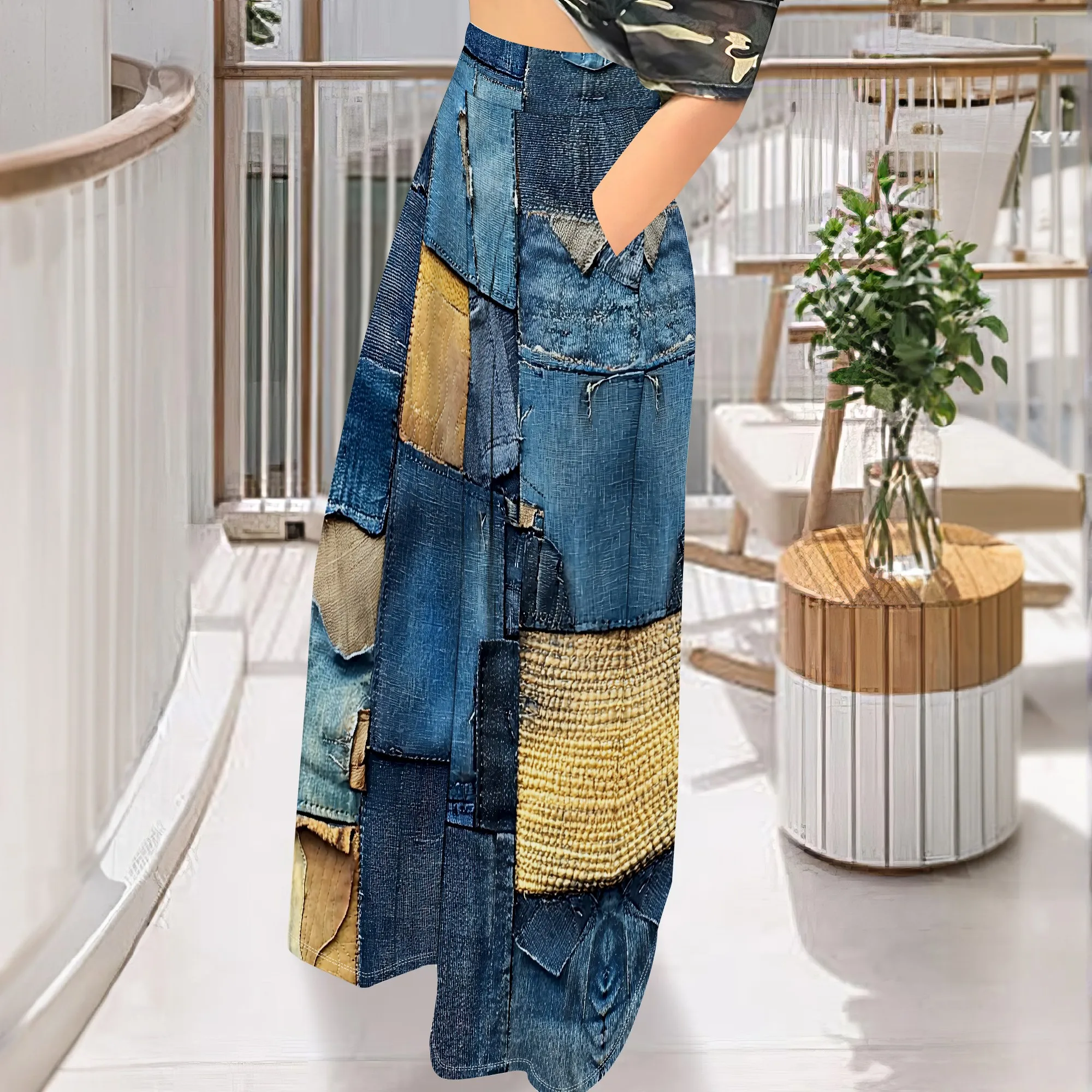 Faux Denim Printed High Waist Casual Personality Wide Leg Pants Faux Denim Printed High Waist Casual Personality Wide Leg Pants