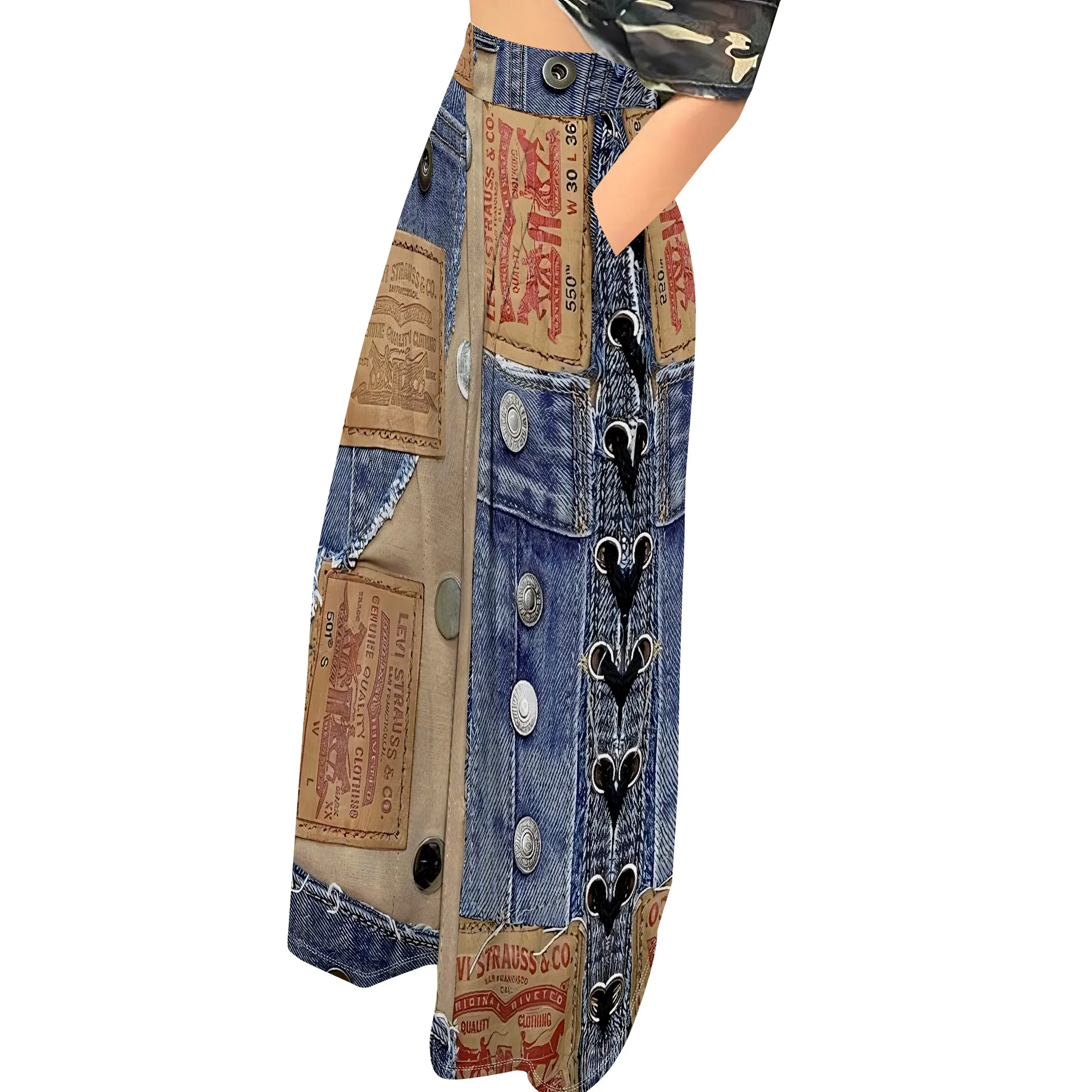 Faux Denim Printed High Waist Casual Personality Wide Leg Pants Faux Denim Printed High Waist Casual Personality Wide Leg Pants