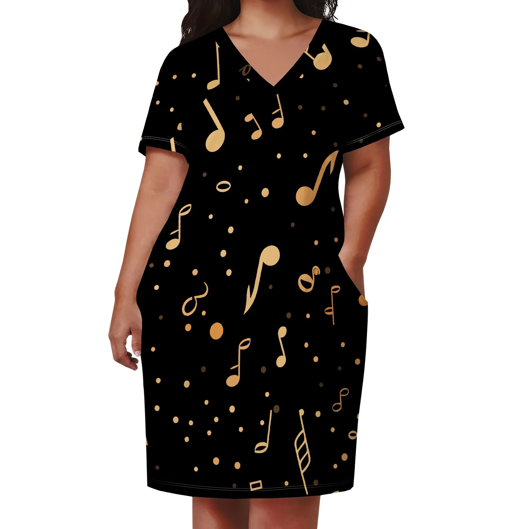 Plus Size Music Note Print Dress for Women Party Night V Neck Casual T Shirt Dress with Pockets
