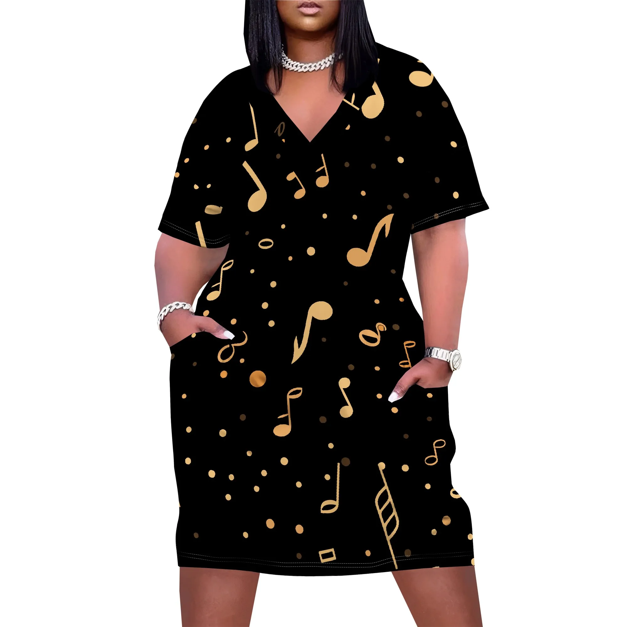Plus Size Music Note Print Dress for Women Party Night V Neck Casual T Shirt Dress with Pockets