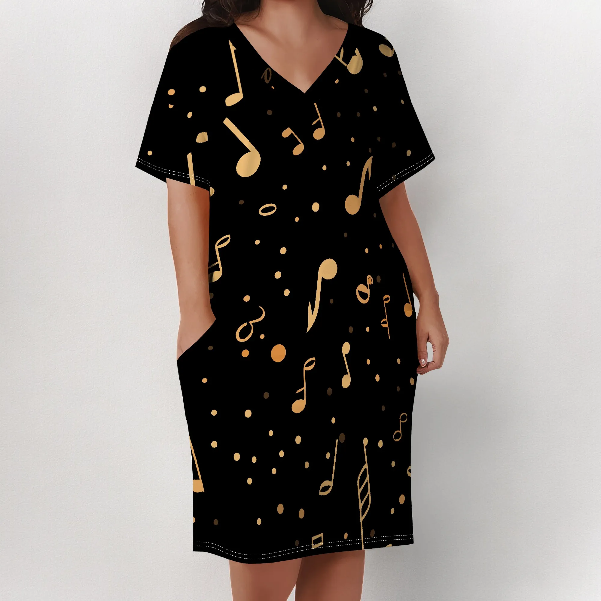 Plus Size Music Note Print Dress for Women Party Night V Neck Casual T Shirt Dress with Pockets