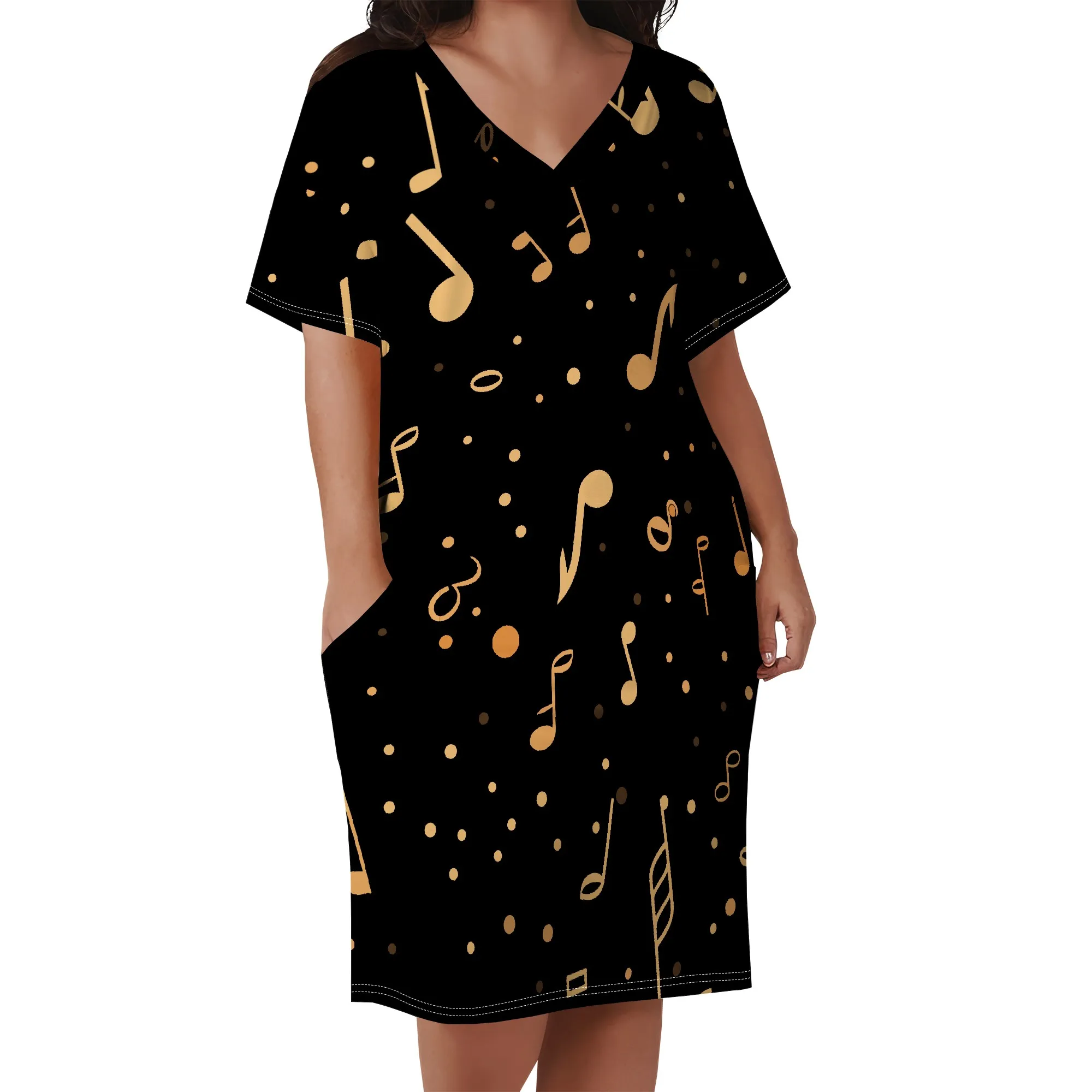 Plus Size Music Note Print Dress for Women Party Night V Neck Casual T Shirt Dress with Pockets