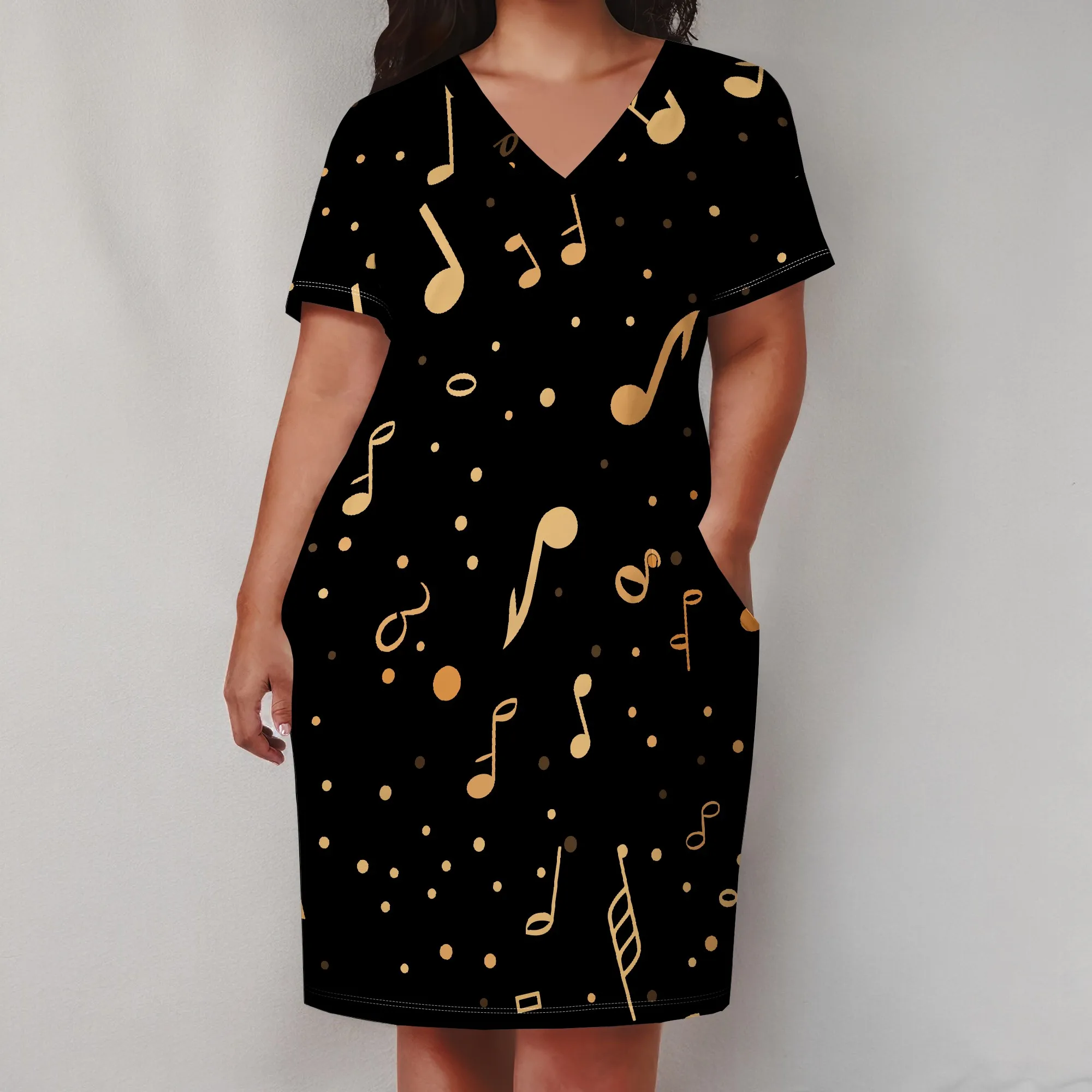 Plus Size Music Note Print Dress for Women Party Night V Neck Casual T Shirt Dress with Pockets