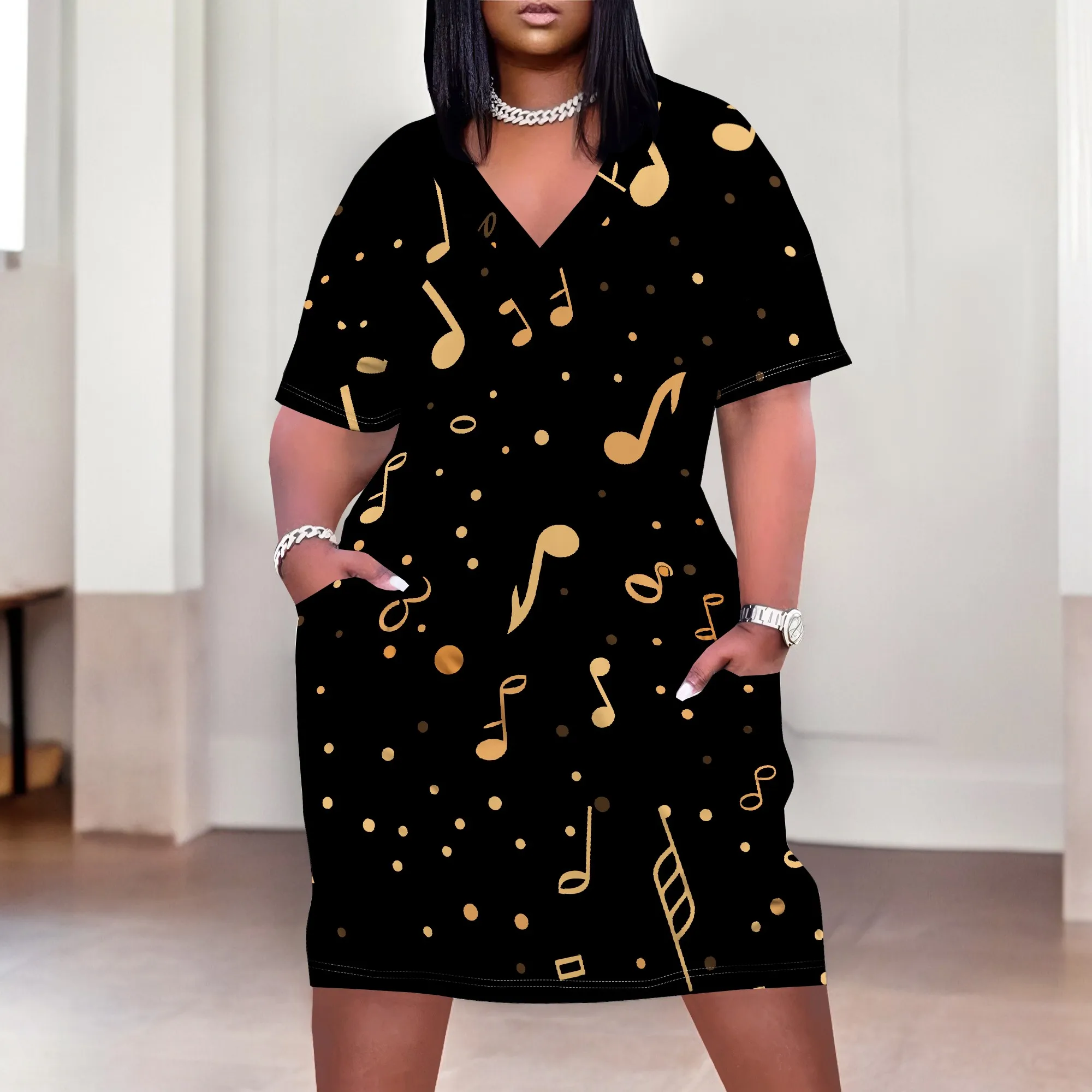 Plus Size Music Note Print Dress for Women Party Night V Neck Casual T Shirt Dress with Pockets