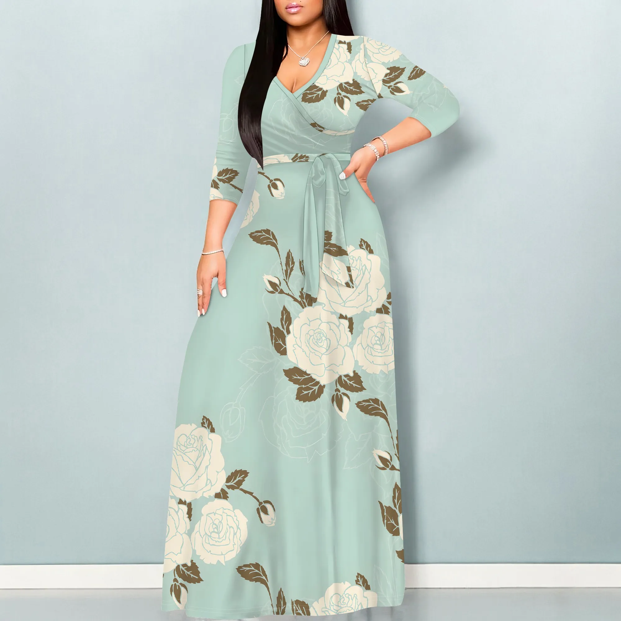 Plus Size Dresses for Women Floral Print Maxi Dress Wrap Boho 3/4 Sleeve with Belt Wedding Plus Size Dresses for Women Floral Print Maxi Dress Wrap Boho 3/4 Sleeve with Belt Wedding