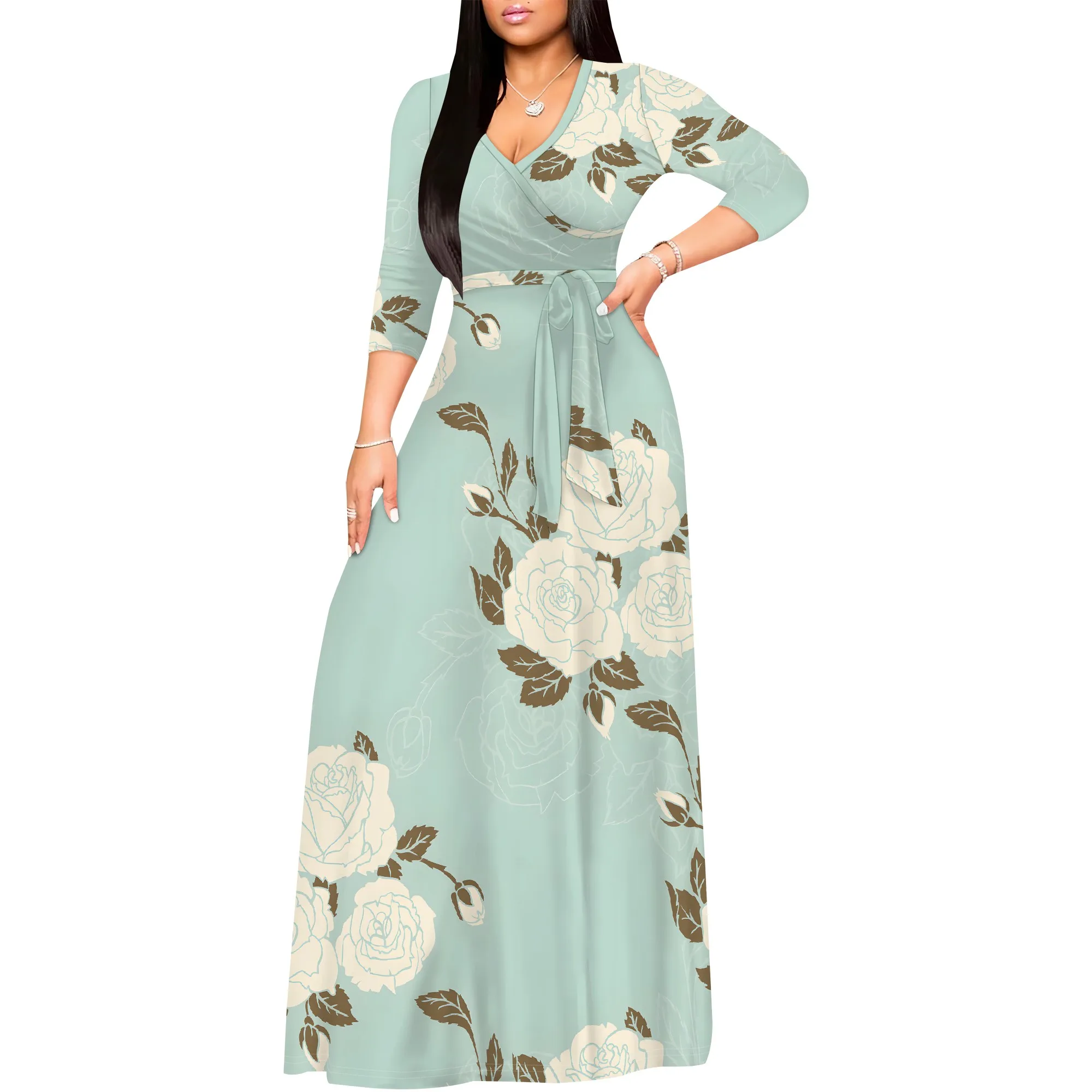 Plus Size Dresses for Women Floral Print Maxi Dress Wrap Boho 3/4 Sleeve with Belt Wedding Plus Size Dresses for Women Floral Print Maxi Dress Wrap Boho 3/4 Sleeve with Belt Wedding