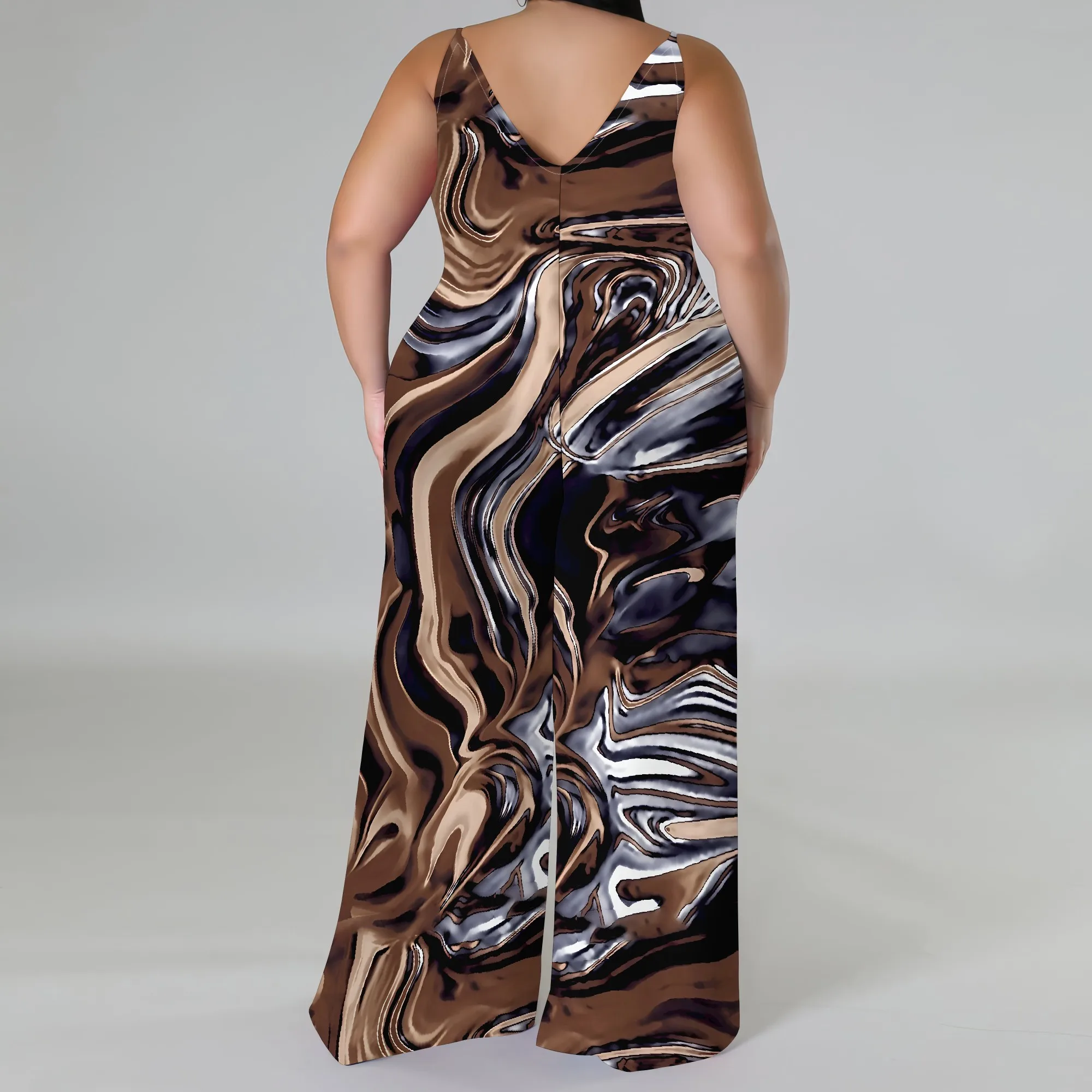 Sleeveless V Neck Spaghetti Camisole Top Wide Leg Pants Pants Jumpsuit With Headscarf XL-6XL