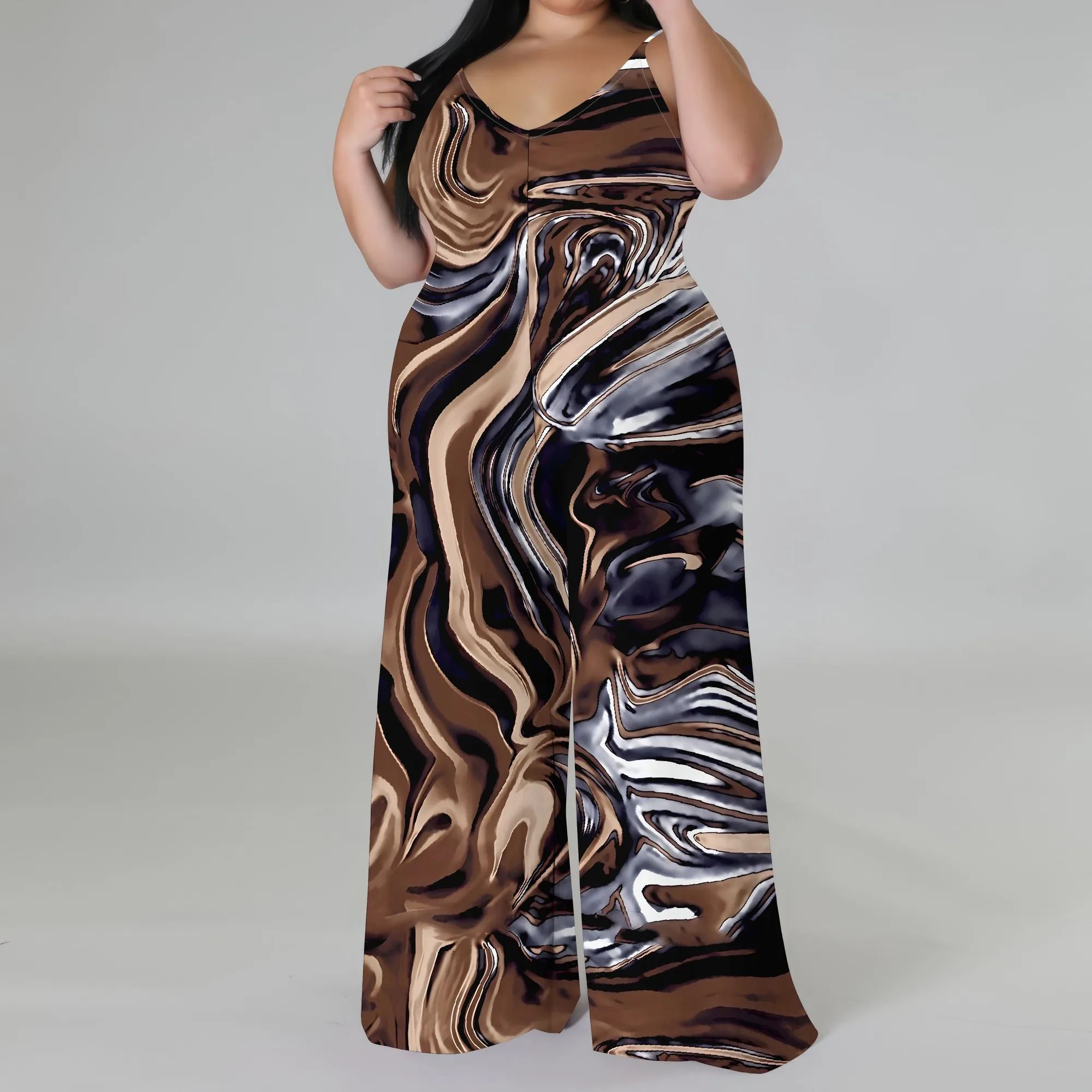 Sleeveless V Neck Spaghetti Camisole Top Wide Leg Pants Pants Jumpsuit With Headscarf XL-6XL