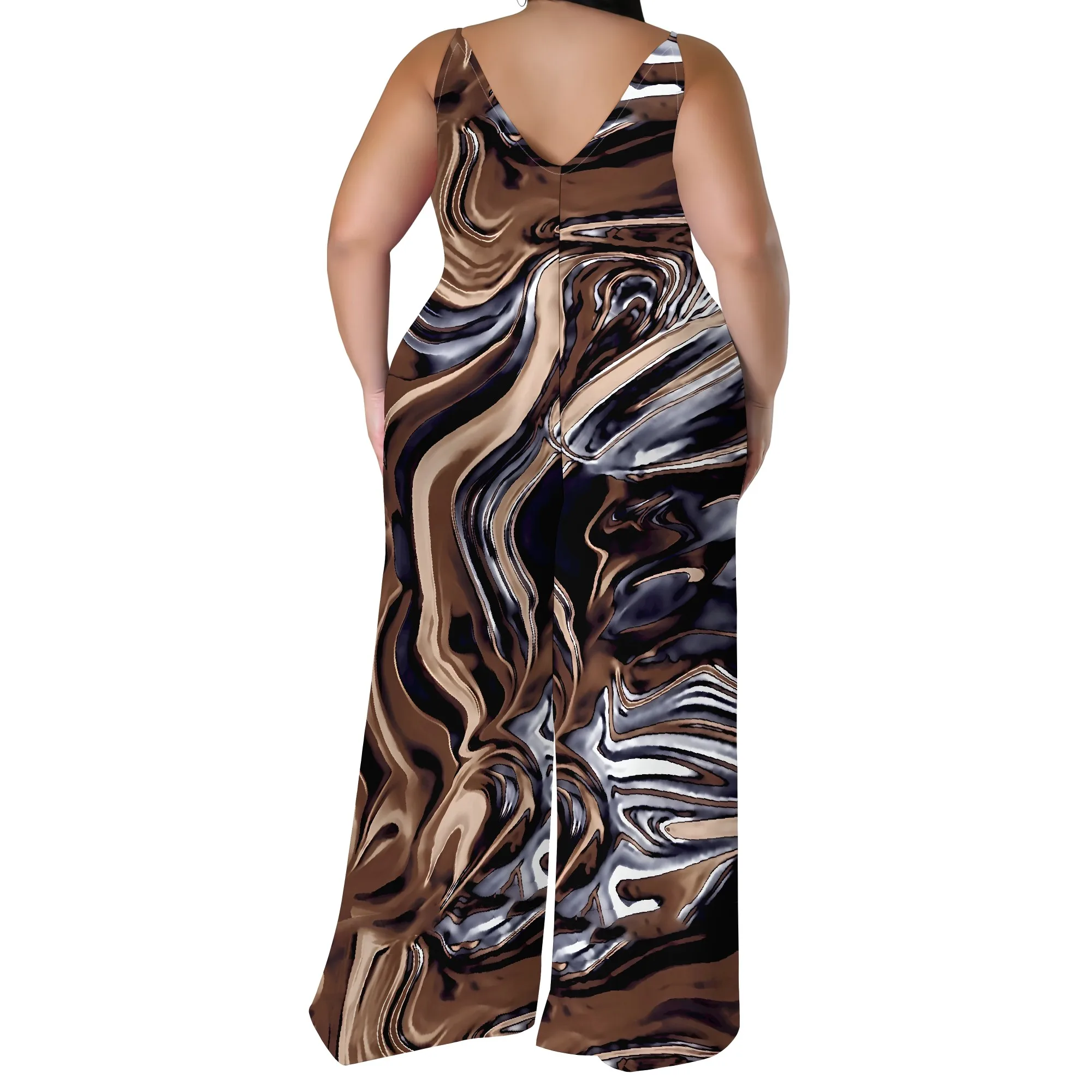 Sleeveless V Neck Spaghetti Camisole Top Wide Leg Pants Pants Jumpsuit With Headscarf XL-6XL