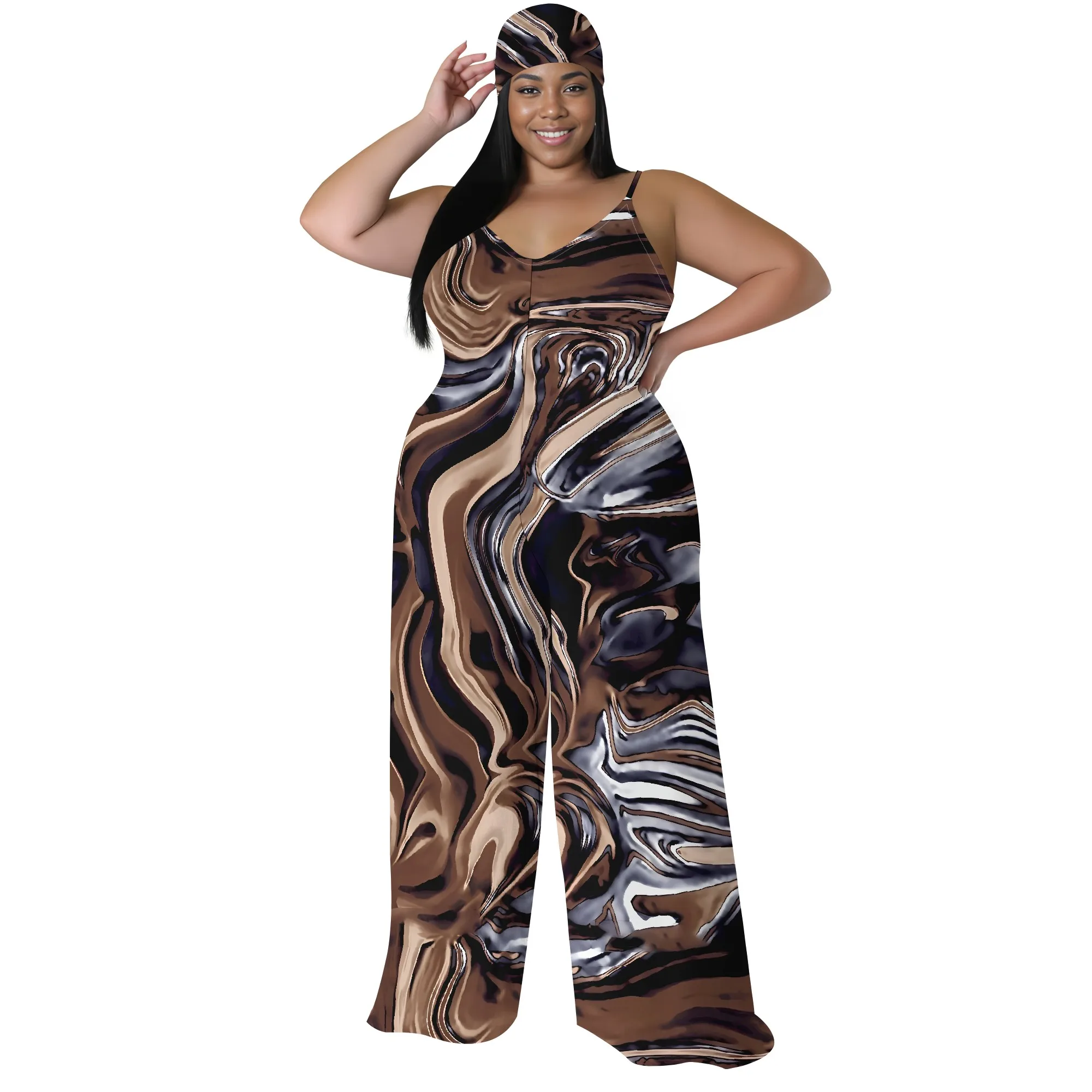 Sleeveless V Neck Spaghetti Camisole Top Wide Leg Pants Pants Jumpsuit With Headscarf XL-6XL