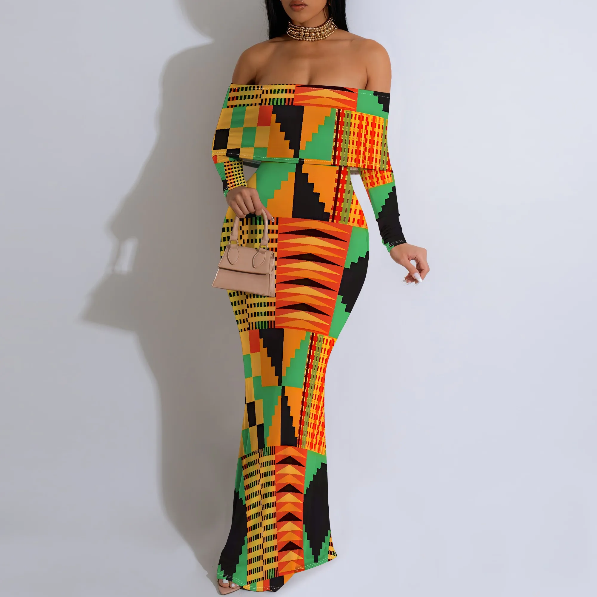 Plus Size African Geometric Off-Shoulder Long Sleeve Maxi Dress - Women's Vibrant Cultural Party Evening Resortwear Plus Size African Geometric Off-Shoulder Long Sleeve Maxi Dress - Women's Vibrant Cultural Party Evening Resortwear