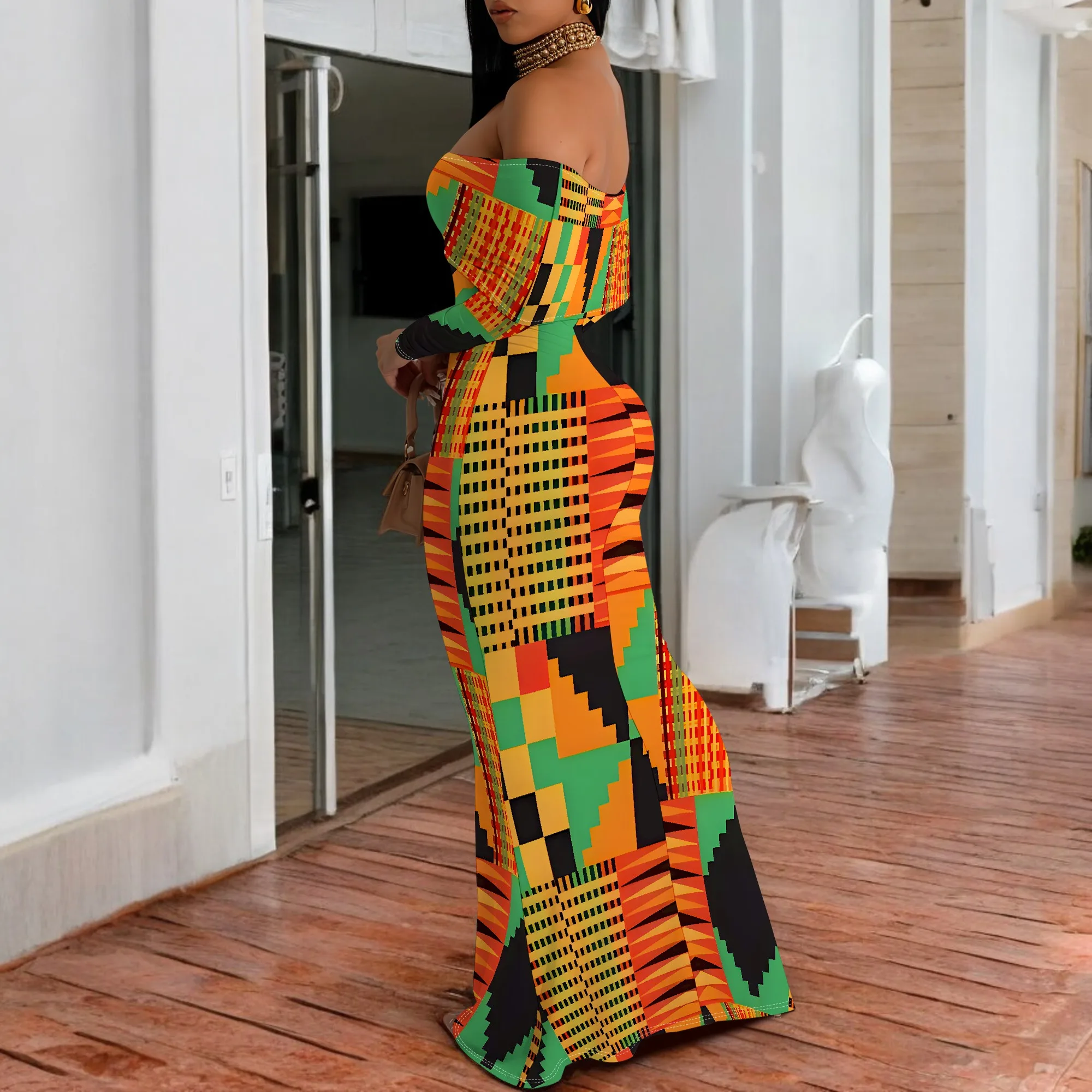 Plus Size African Geometric Off-Shoulder Long Sleeve Maxi Dress - Women's Vibrant Cultural Party Evening Resortwear Plus Size African Geometric Off-Shoulder Long Sleeve Maxi Dress - Women's Vibrant Cultural Party Evening Resortwear