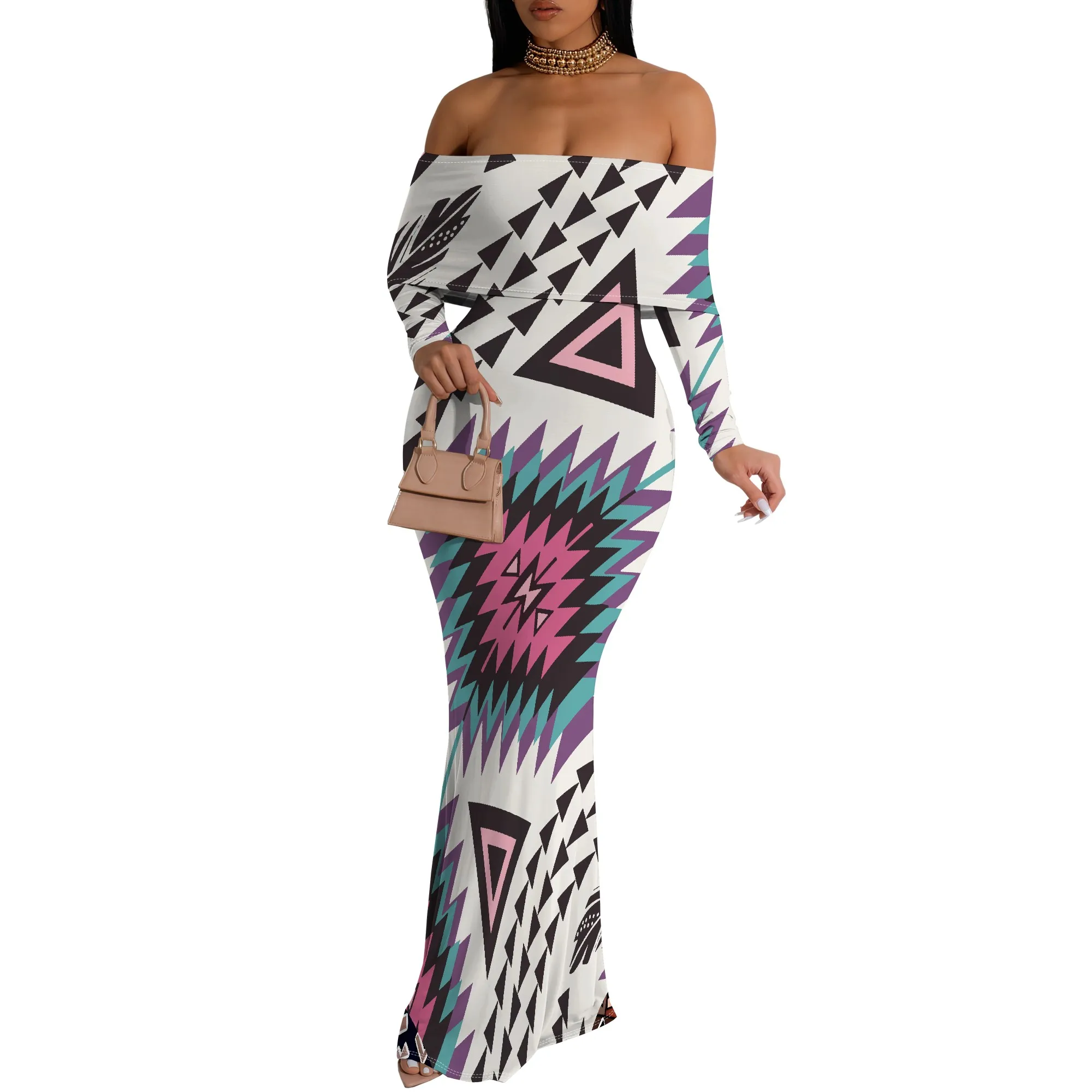 Plus Size African Geometric Off-Shoulder Long Sleeve Maxi Dress - Women's Vibrant Cultural Party Evening Resortwear Plus Size African Geometric Off-Shoulder Long Sleeve Maxi Dress - Women's Vibrant Cultural Party Evening Resortwear