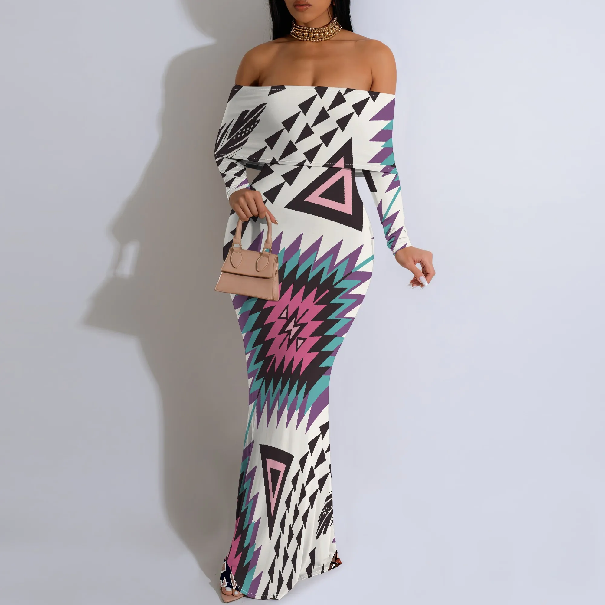 Plus Size African Geometric Off-Shoulder Long Sleeve Maxi Dress - Women's Vibrant Cultural Party Evening Resortwear Plus Size African Geometric Off-Shoulder Long Sleeve Maxi Dress - Women's Vibrant Cultural Party Evening Resortwear