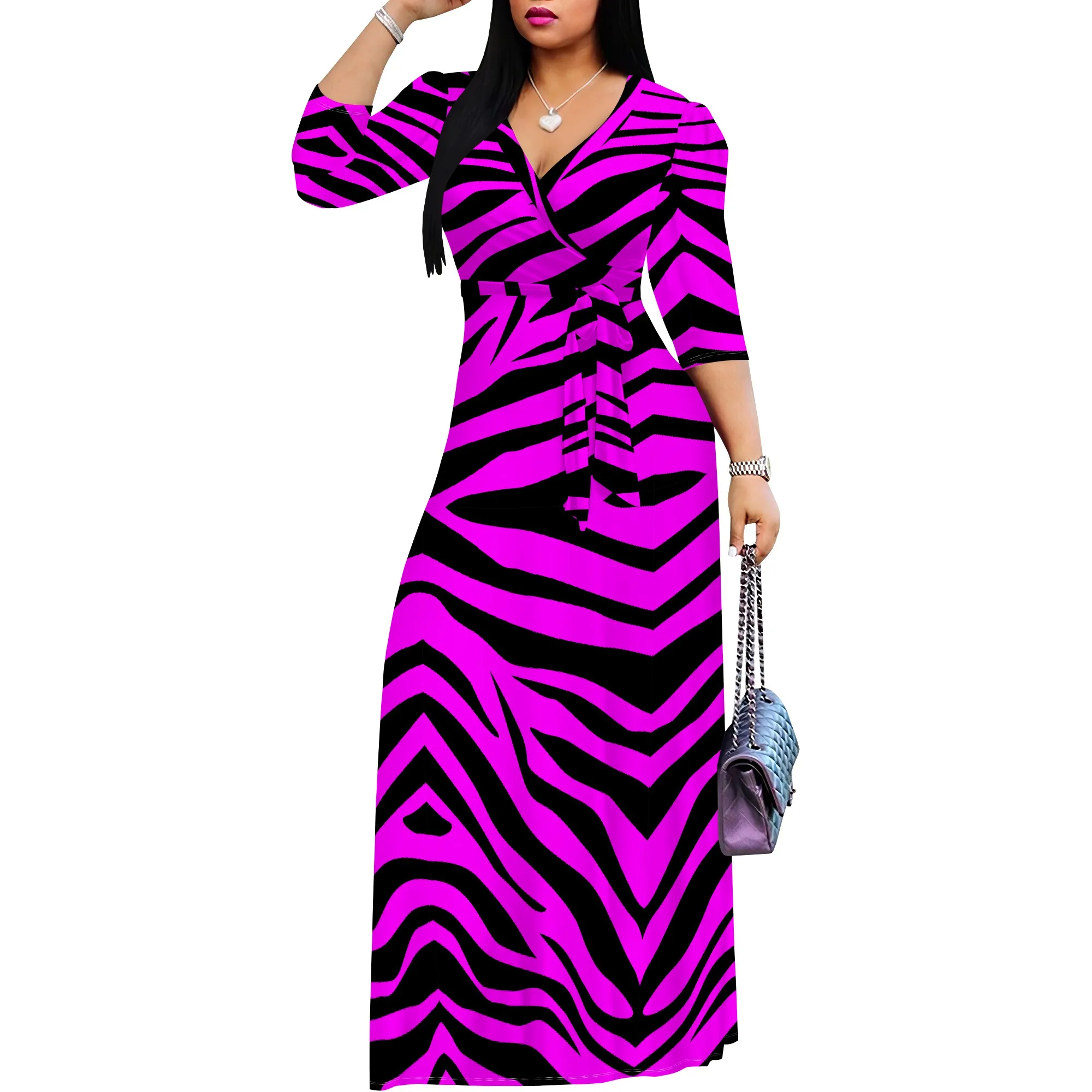 Women's V Neck Wrap Maxi Dress Casual 3/4 Sleeve Bodycon Dress Summer Dress with Belt