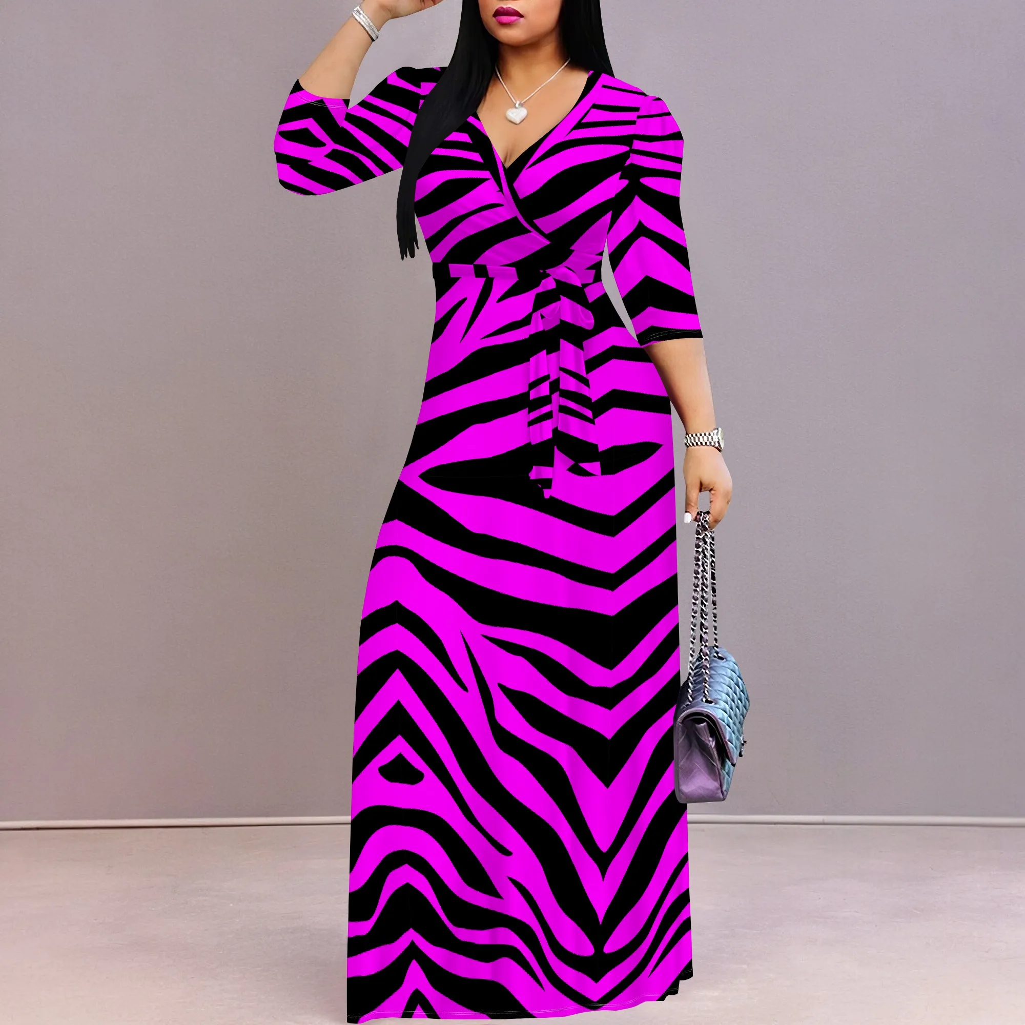 Women's V Neck Wrap Maxi Dress Casual 3/4 Sleeve Bodycon Dress Summer Dress with Belt