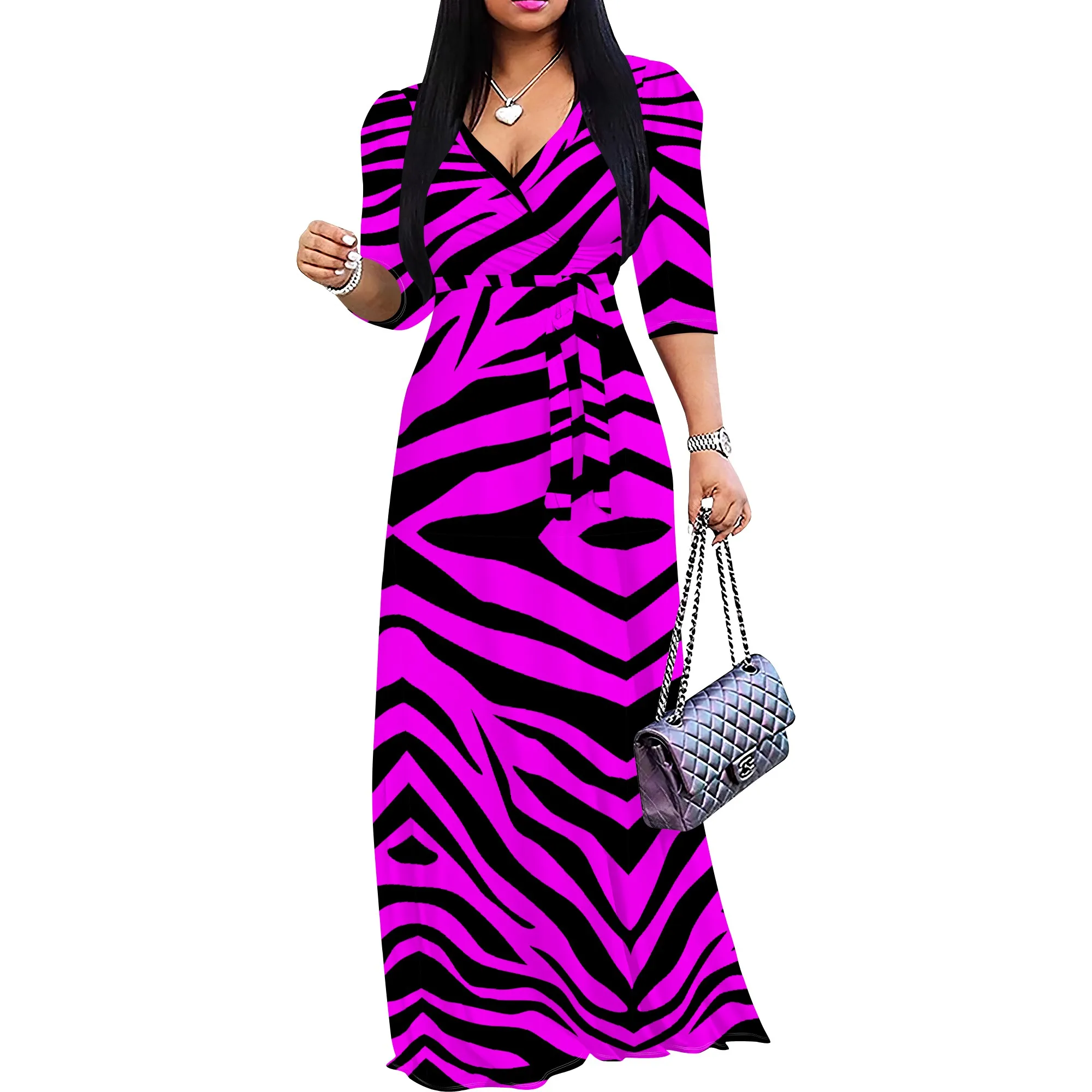 Women's V Neck Wrap Maxi Dress Casual 3/4 Sleeve Bodycon Dress Summer Dress with Belt