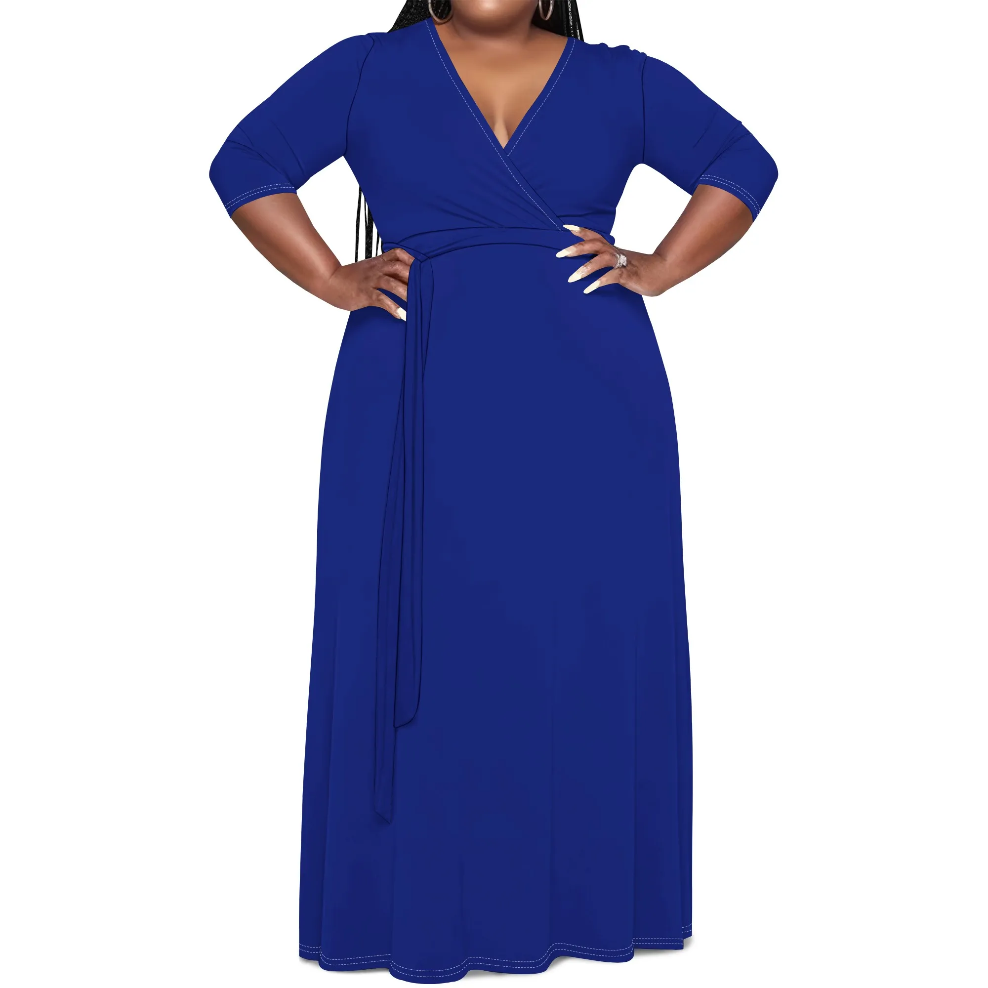 Plus Size Royal Blue Long Sleeve V-Neck Maxi Dress with Belt – Women’s Sleek Elegant Party Resortwear Evening Plus Size Royal Blue Long Sleeve V-Neck Maxi Dress with Belt - Women's Sleek Elegant Party Resortwear Evening