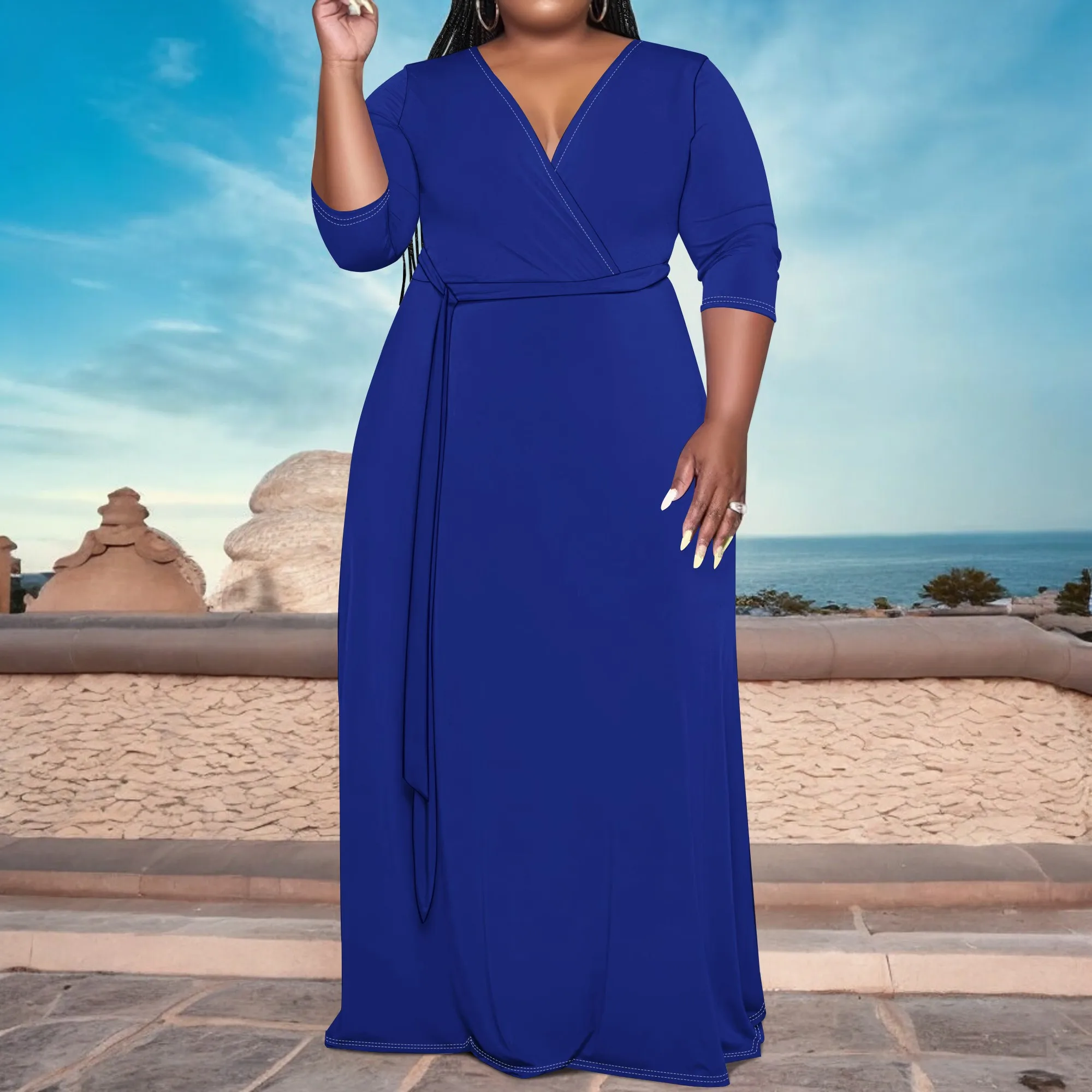 Plus Size Royal Blue Long Sleeve V-Neck Maxi Dress with Belt – Women’s Sleek Elegant Party Resortwear Evening Plus Size Royal Blue Long Sleeve V-Neck Maxi Dress with Belt - Women's Sleek Elegant Party Resortwear Evening