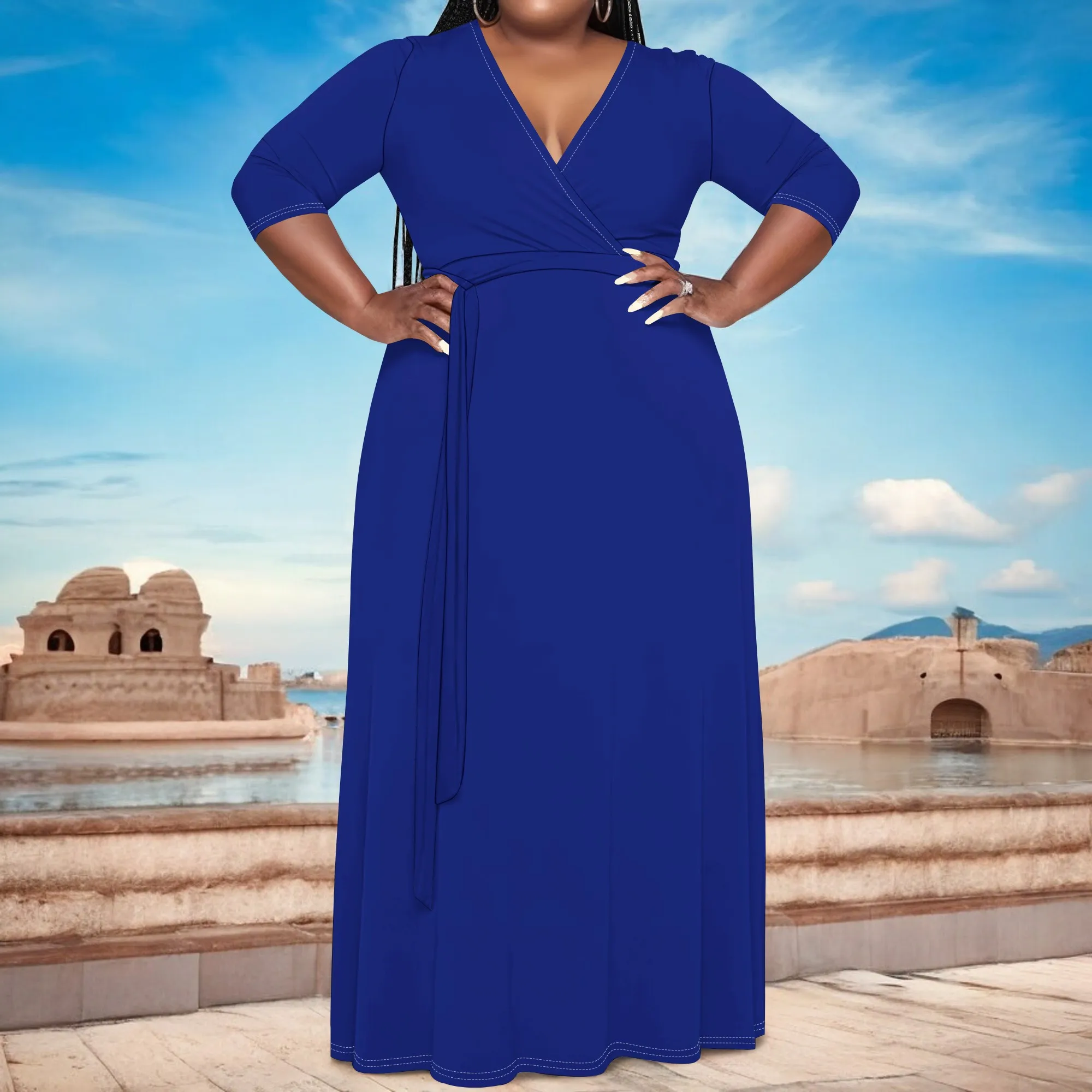 Plus Size Royal Blue Long Sleeve V-Neck Maxi Dress with Belt – Women’s Sleek Elegant Party Resortwear Evening Plus Size Royal Blue Long Sleeve V-Neck Maxi Dress with Belt - Women's Sleek Elegant Party Resortwear Evening