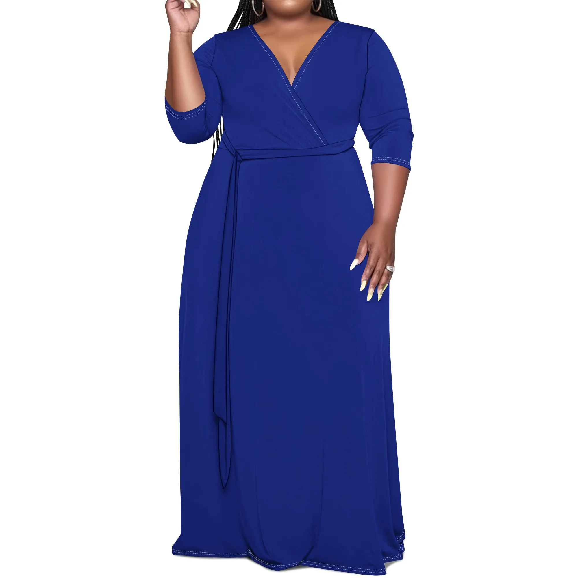 Plus Size Royal Blue Long Sleeve V-Neck Maxi Dress with Belt – Women’s Sleek Elegant Party Resortwear Evening Plus Size Royal Blue Long Sleeve V-Neck Maxi Dress with Belt - Women's Sleek Elegant Party Resortwear Evening