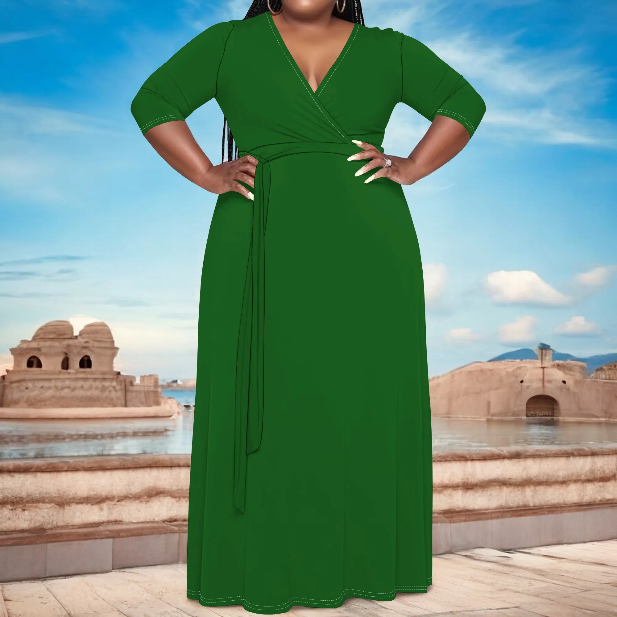 Plus Size Royal Blue Long Sleeve V-Neck Maxi Dress with Belt – Women’s Sleek Elegant Party Resortwear Evening Plus Size Royal Blue Long Sleeve V-Neck Maxi Dress with Belt - Women's Sleek Elegant Party Resortwear Evening