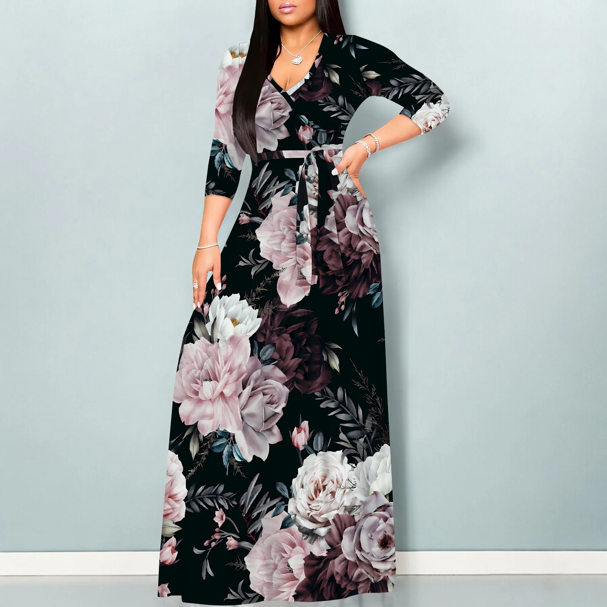 Women's Plus Size Maxi Dresses 3/4 Sleeves Bohemian Long Dress Printed Swing Dress with Belt