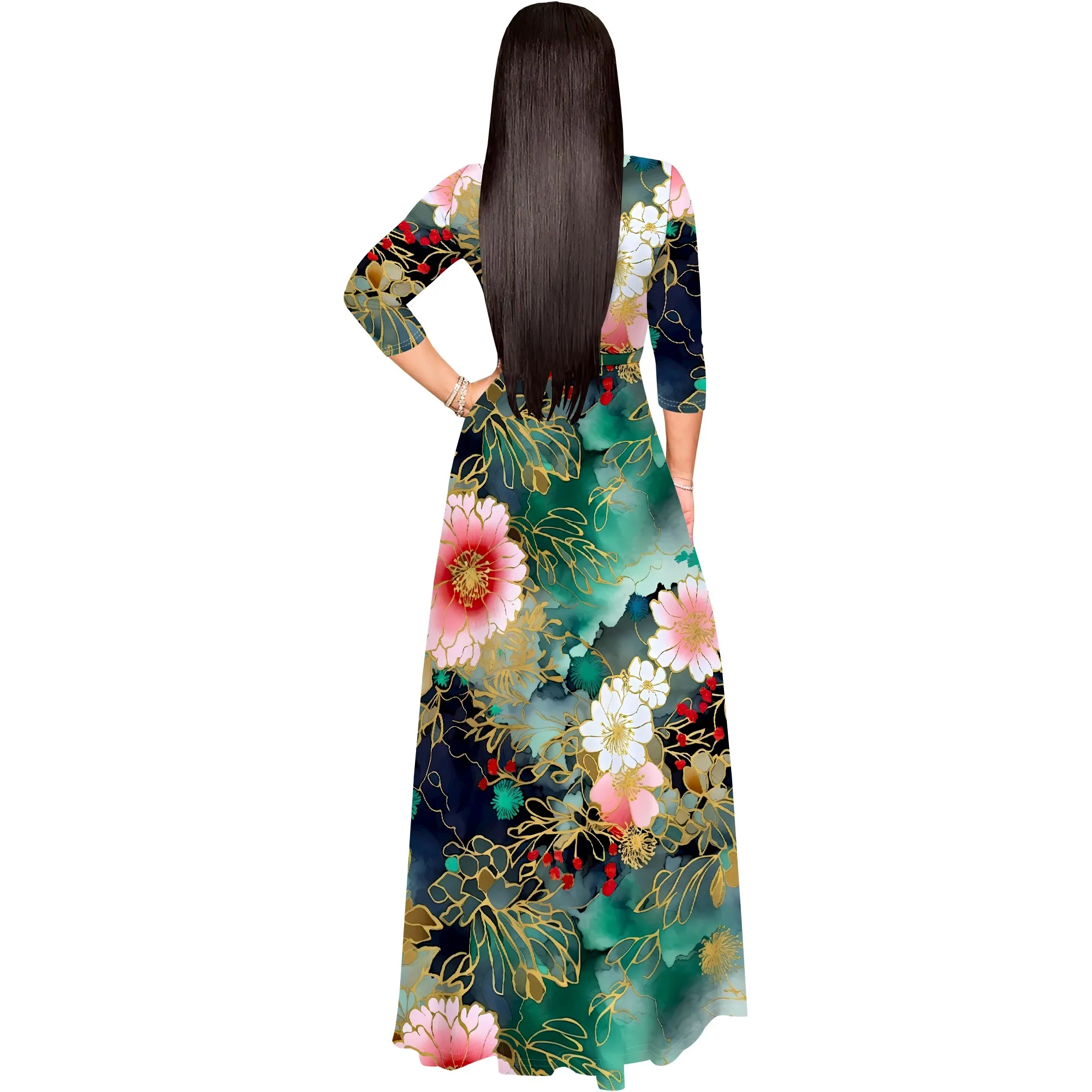 Women's Plus Size Maxi Dresses 3/4 Sleeves Bohemian Long Dress Printed Swing Dress with Belt
