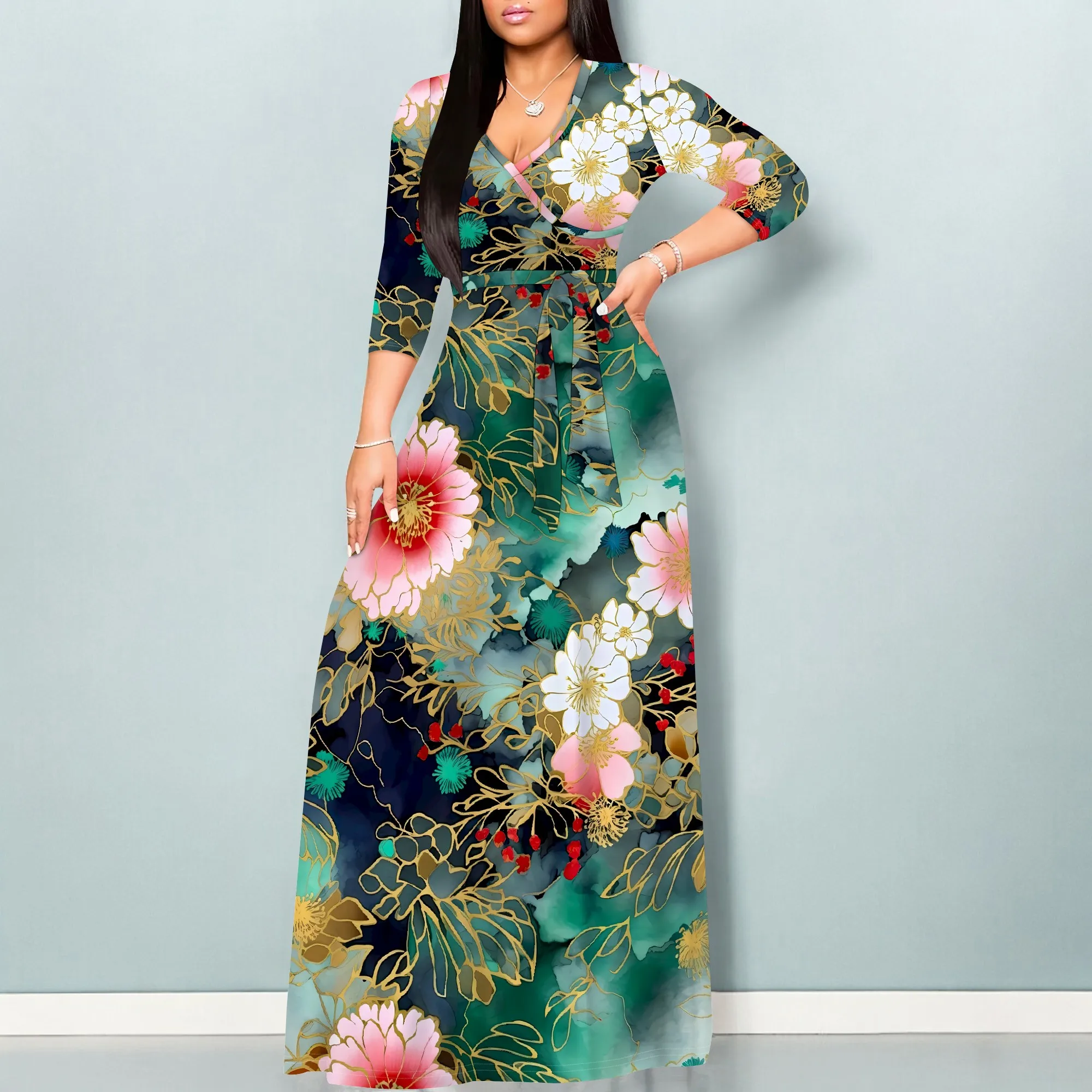 Women's Plus Size Maxi Dresses 3/4 Sleeves Bohemian Long Dress Printed Swing Dress with Belt
