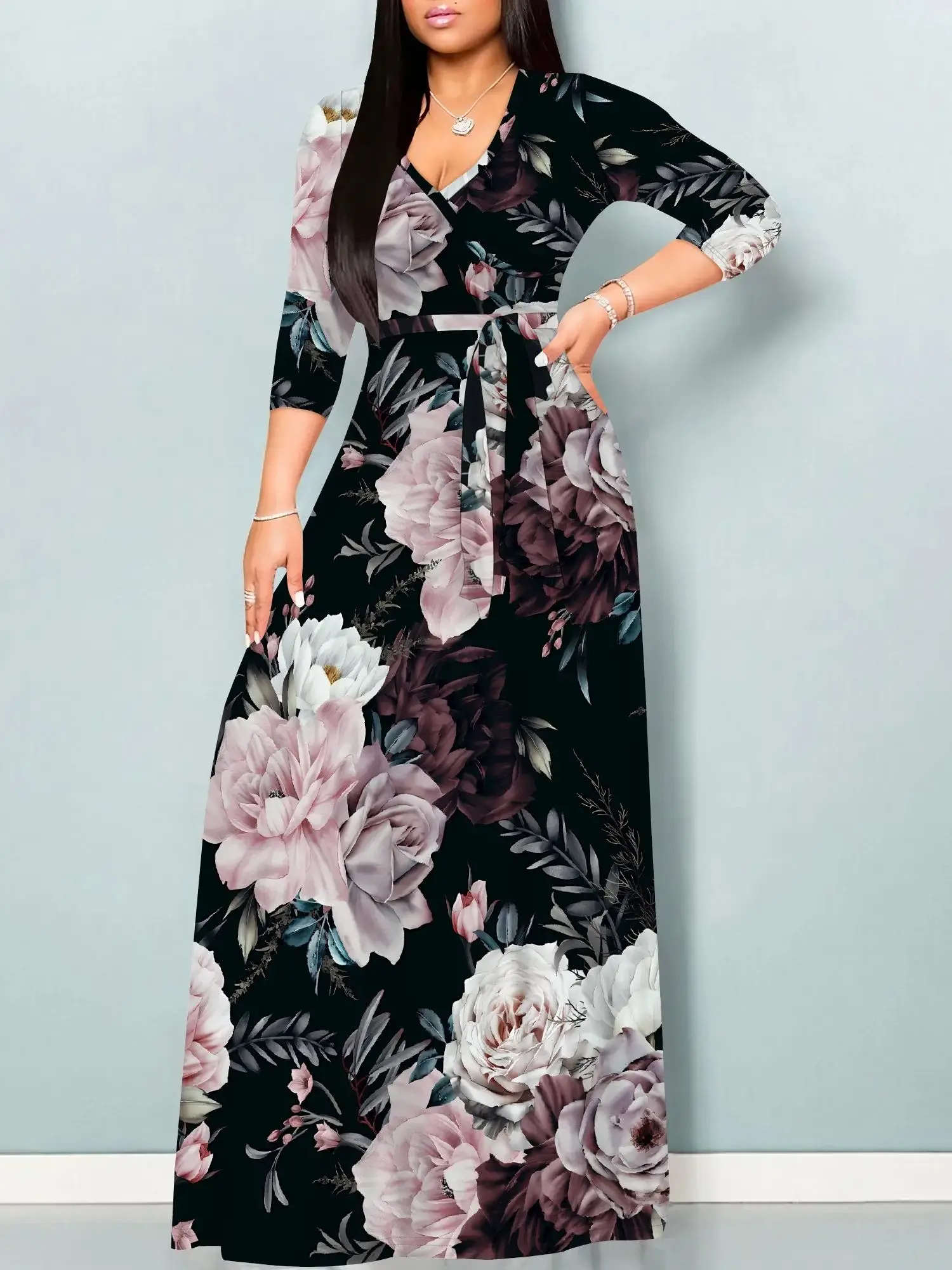 Women's Plus Size Maxi Dresses 3/4 Sleeves Bohemian Long Dress Printed Swing Dress with Belt