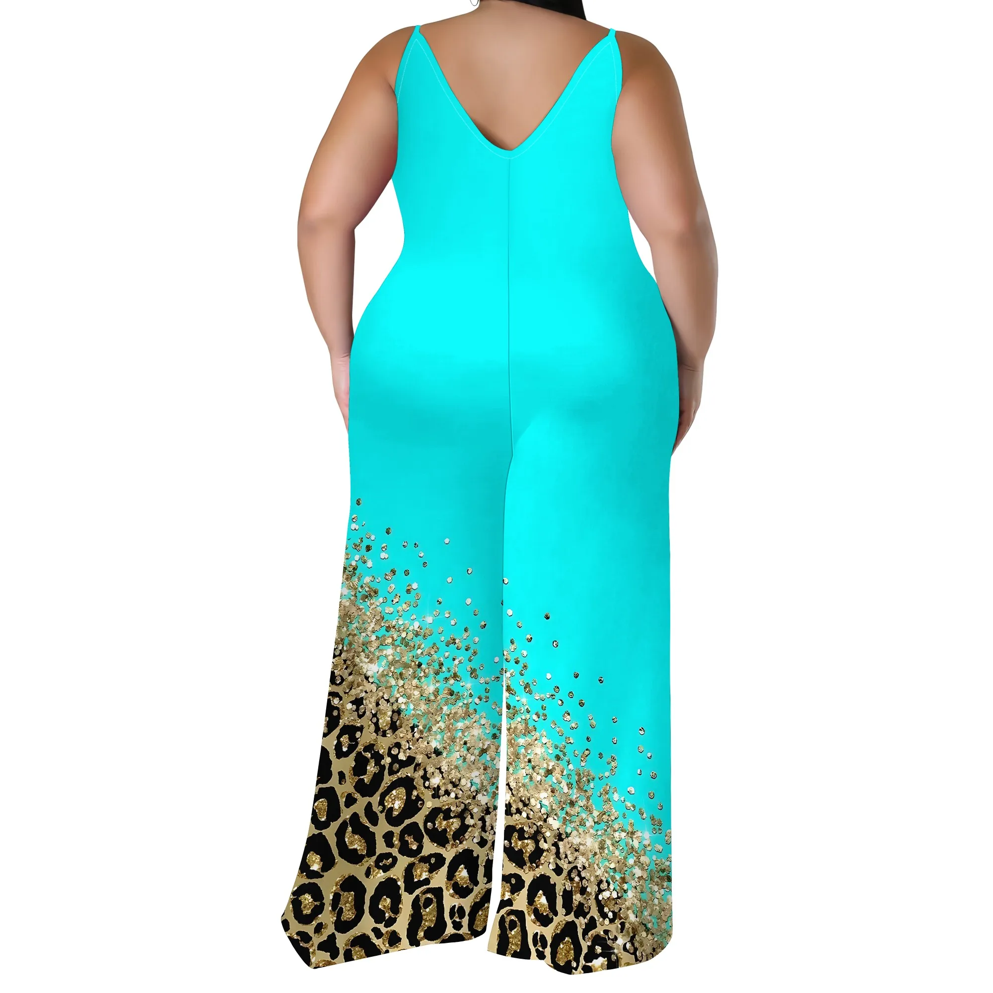 Plus Size Printed Jumpsuit - Strapless Wide Leg Romper with Scarf, Boho Palazzo Pants for Women