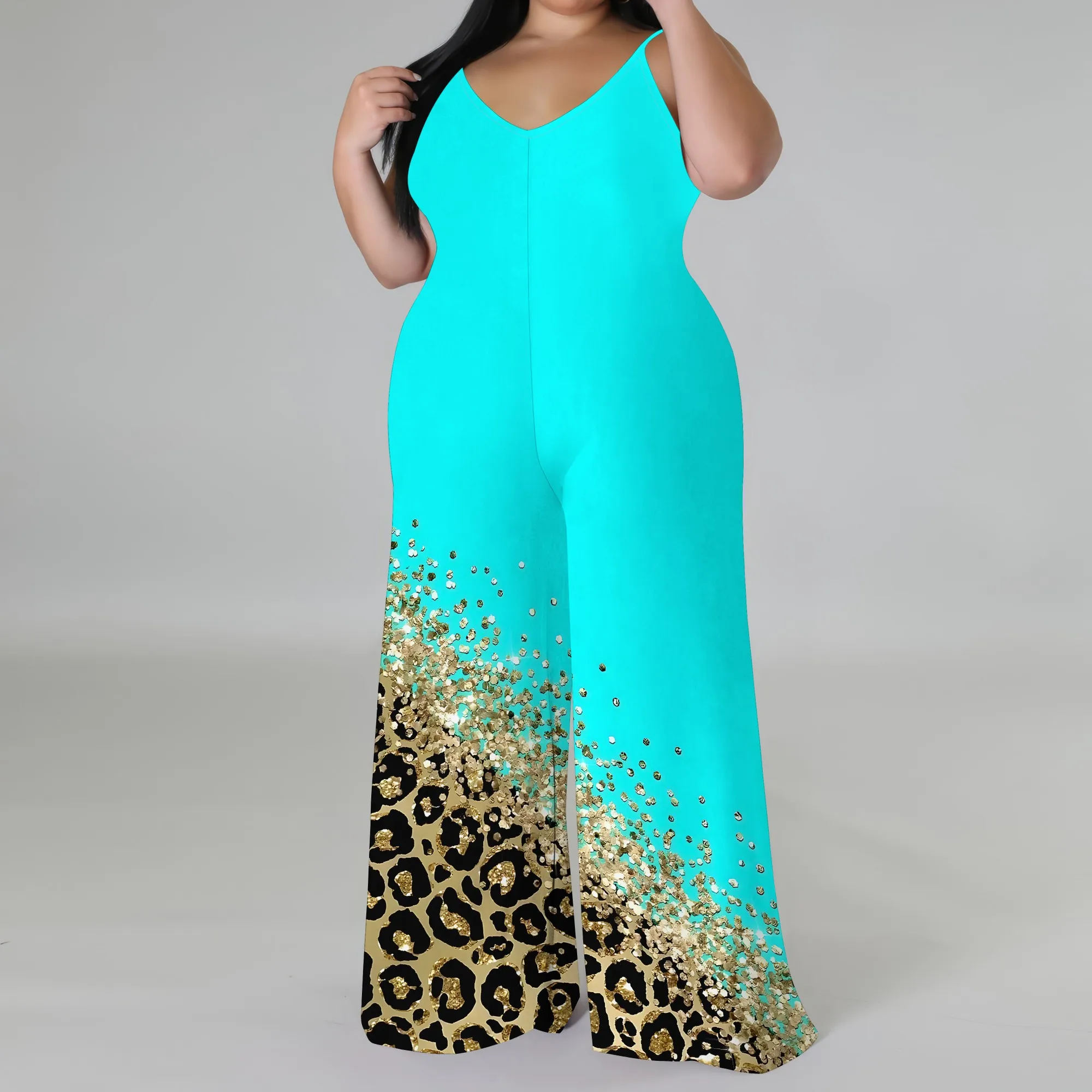 Plus Size Printed Jumpsuit - Strapless Wide Leg Romper with Scarf, Boho Palazzo Pants for Women
