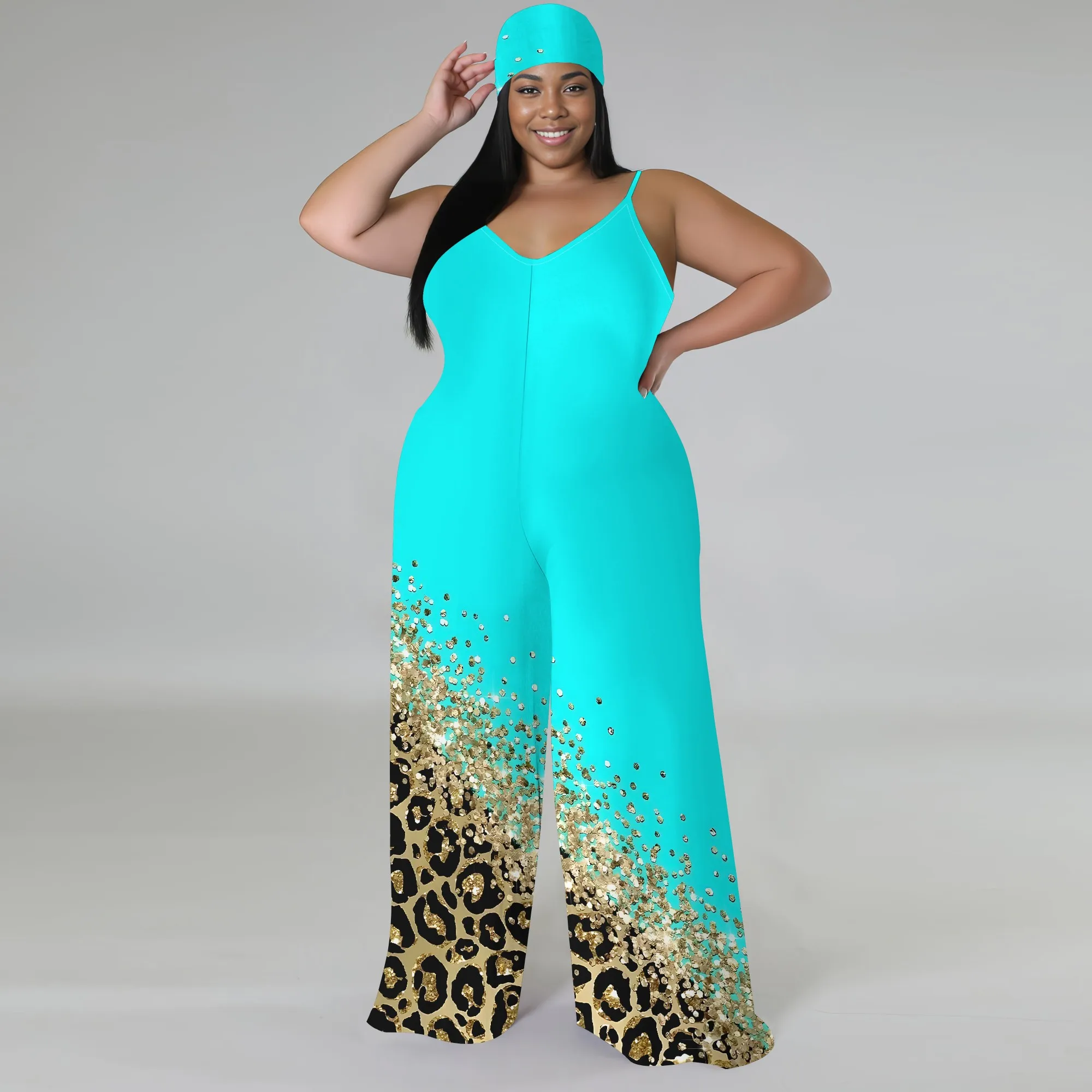 Plus Size Printed Jumpsuit - Strapless Wide Leg Romper with Scarf, Boho Palazzo Pants for Women