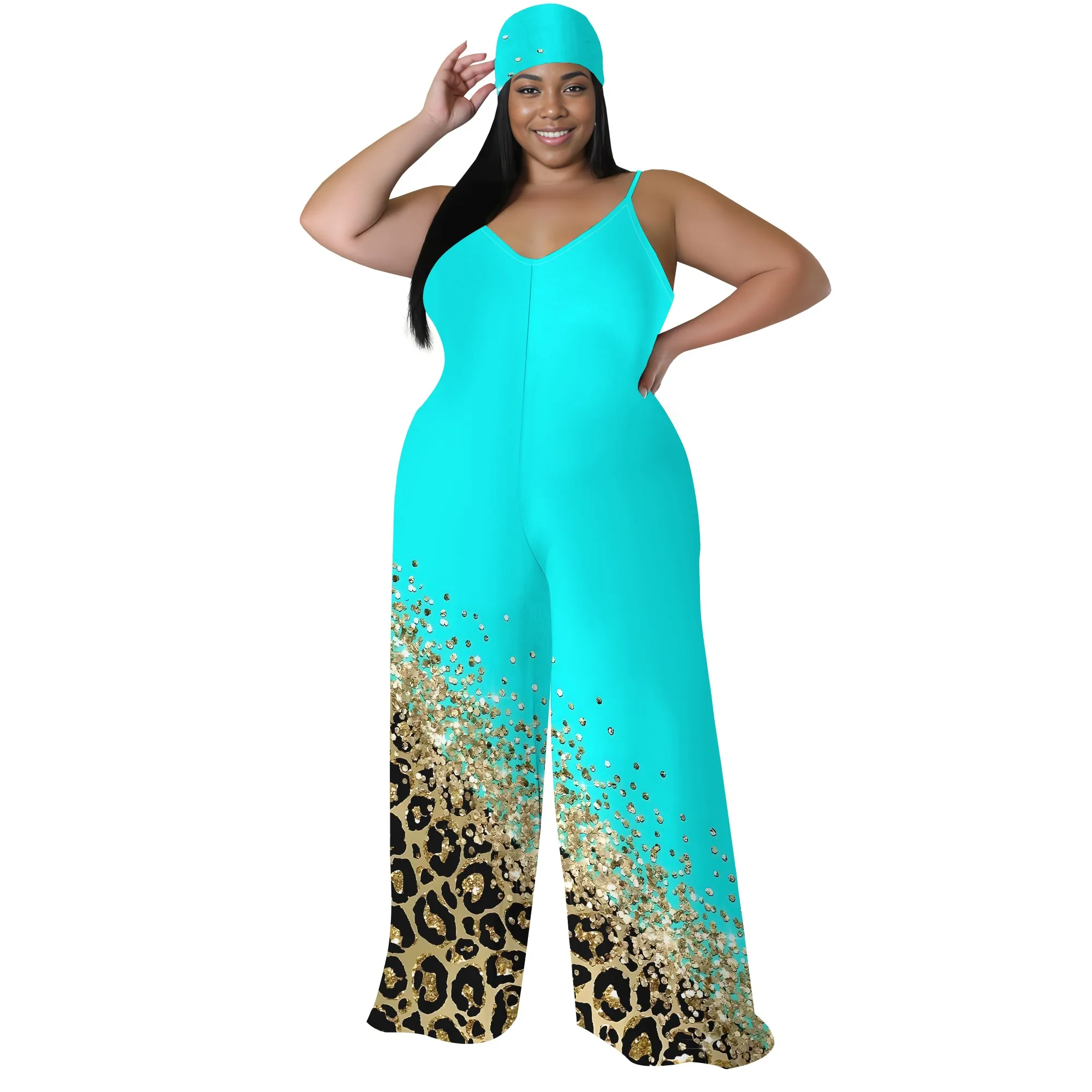 Plus Size Printed Jumpsuit - Strapless Wide Leg Romper with Scarf, Boho Palazzo Pants for Women