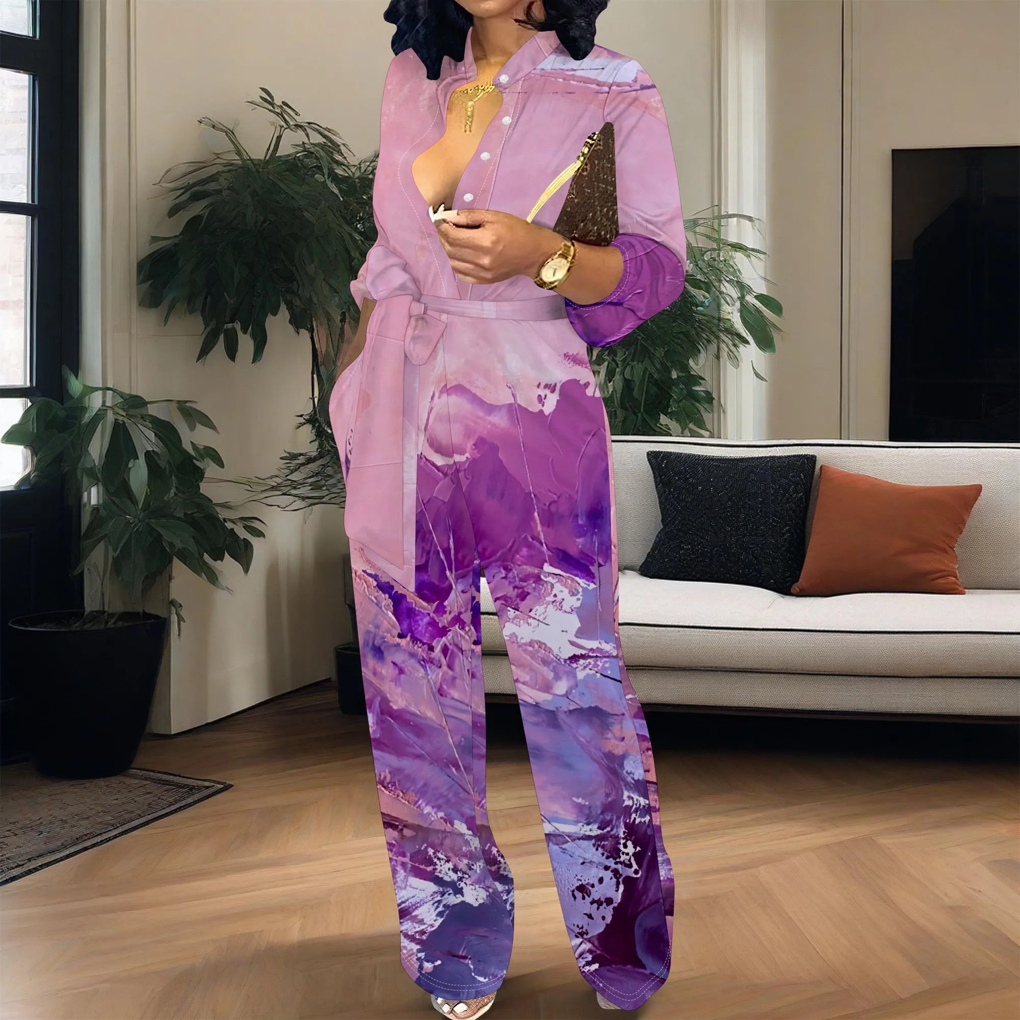 Women’s Belted Long Sleeve Jumpsuit Abstract Print Elegant Wide Leg Romper Casual One Piece Outfit Women’s Belted Long Sleeve Jumpsuit Abstract Print Elegant Wide Leg Romper Casual One Piece Outfit