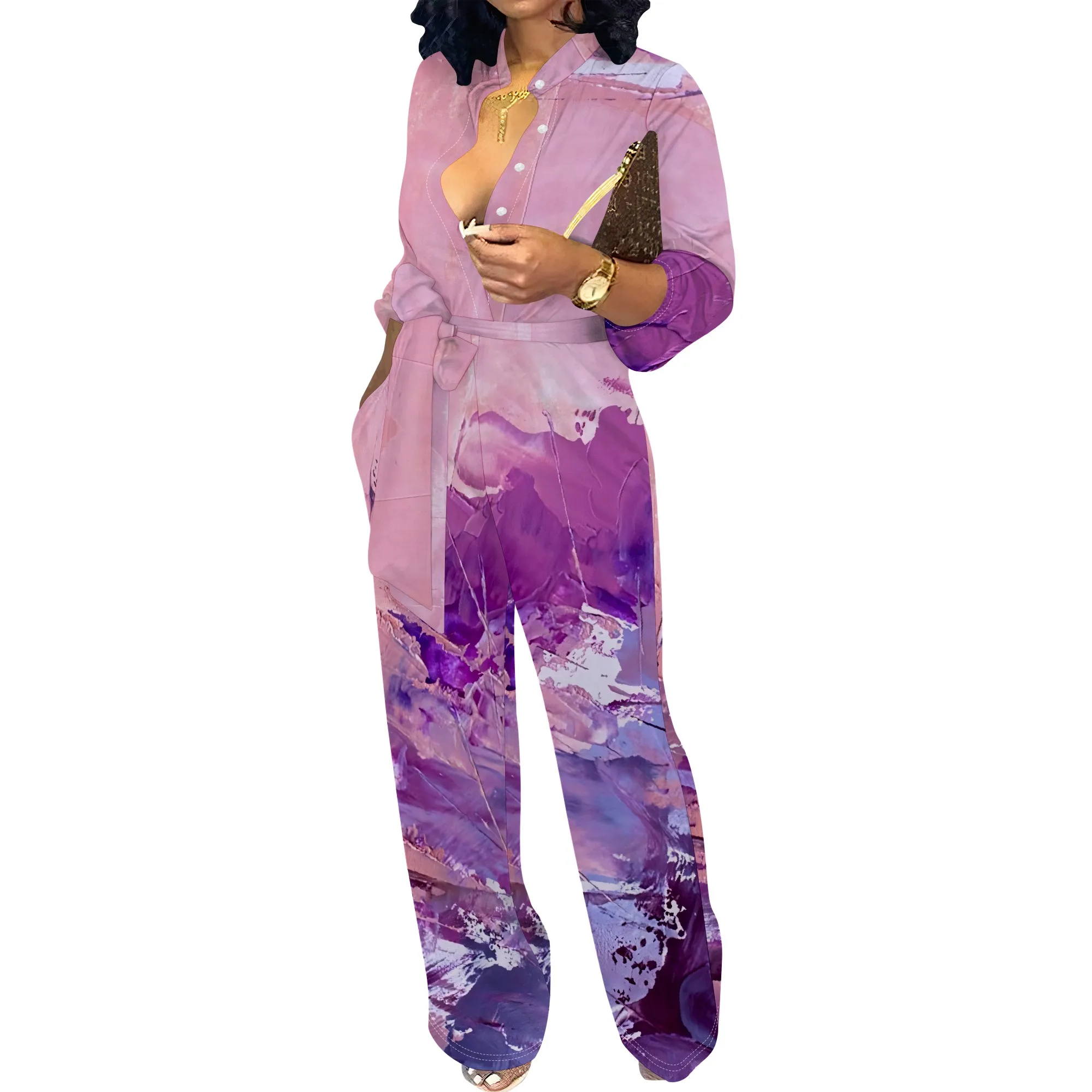 Women’s Belted Long Sleeve Jumpsuit Abstract Print Elegant Wide Leg Romper Casual One Piece Outfit Women’s Belted Long Sleeve Jumpsuit Abstract Print Elegant Wide Leg Romper Casual One Piece Outfit