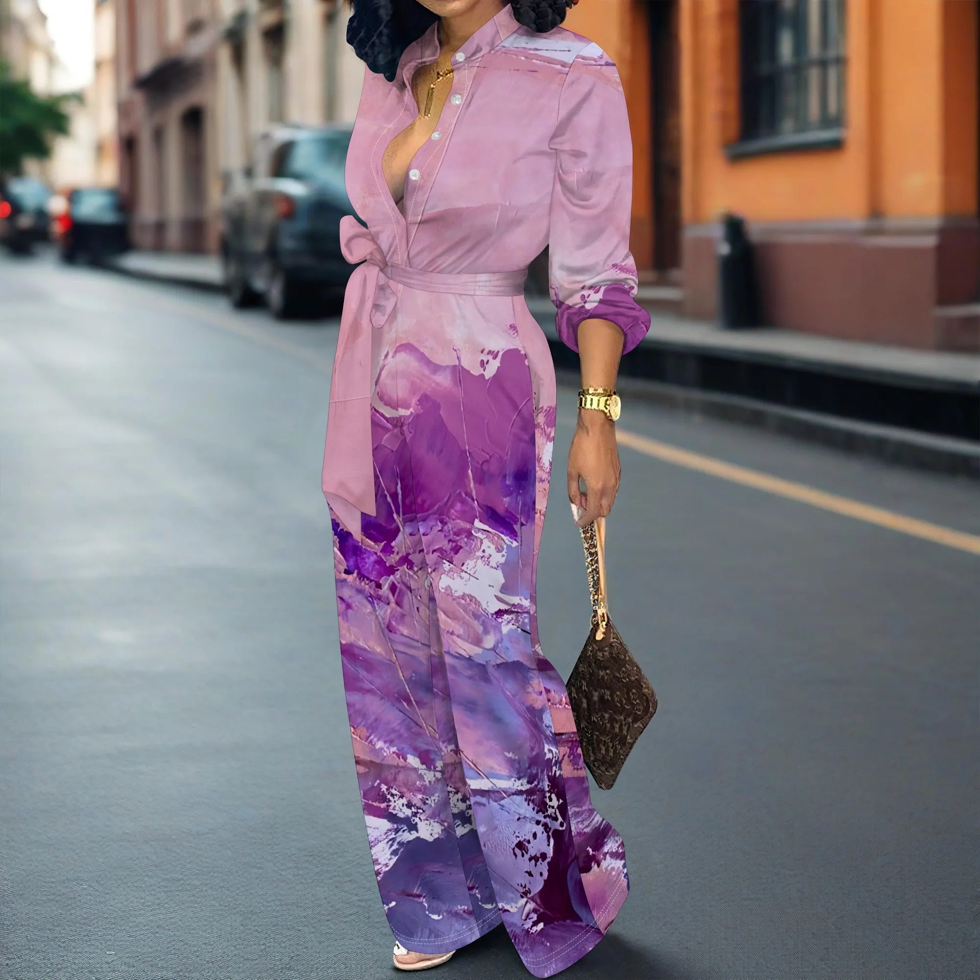 Women’s Belted Long Sleeve Jumpsuit Abstract Print Elegant Wide Leg Romper Casual One Piece Outfit Women’s Belted Long Sleeve Jumpsuit Abstract Print Elegant Wide Leg Romper Casual One Piece Outfit