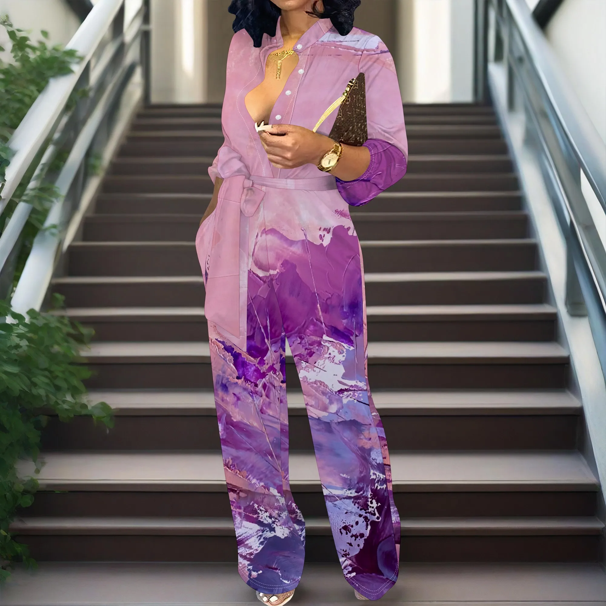 Women’s Belted Long Sleeve Jumpsuit Abstract Print Elegant Wide Leg Romper Casual One Piece Outfit Women’s Belted Long Sleeve Jumpsuit Abstract Print Elegant Wide Leg Romper Casual One Piece Outfit