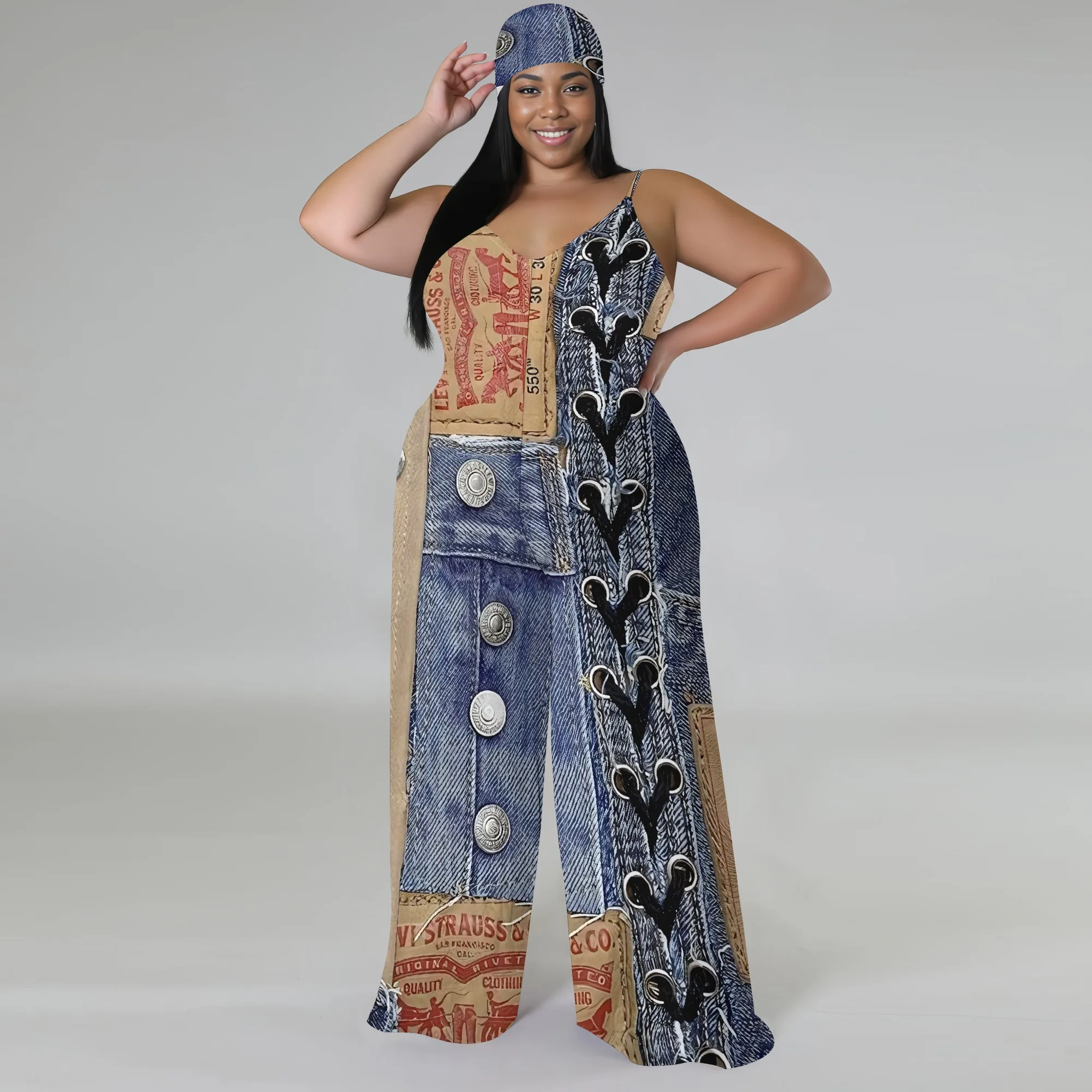 Plus Size Urban Denim Jumpsuit – Strapless Street Style Romper with Scarf, Wide Leg Palazzo Pants for Women Plus Size Urban Denim Jumpsuit - Strapless Street Style Romper with Scarf, Wide Leg Palazzo Pants for Women
