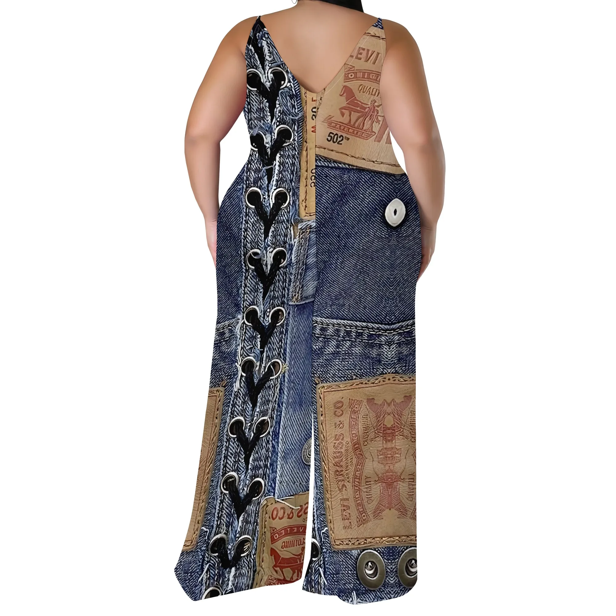 Plus Size Urban Denim Jumpsuit - Strapless Street Style Romper with Scarf, Wide Leg Palazzo Pants for Women Plus Size Urban Denim Jumpsuit - Strapless Street Style Romper with Scarf, Wide Leg Palazzo Pants for Women