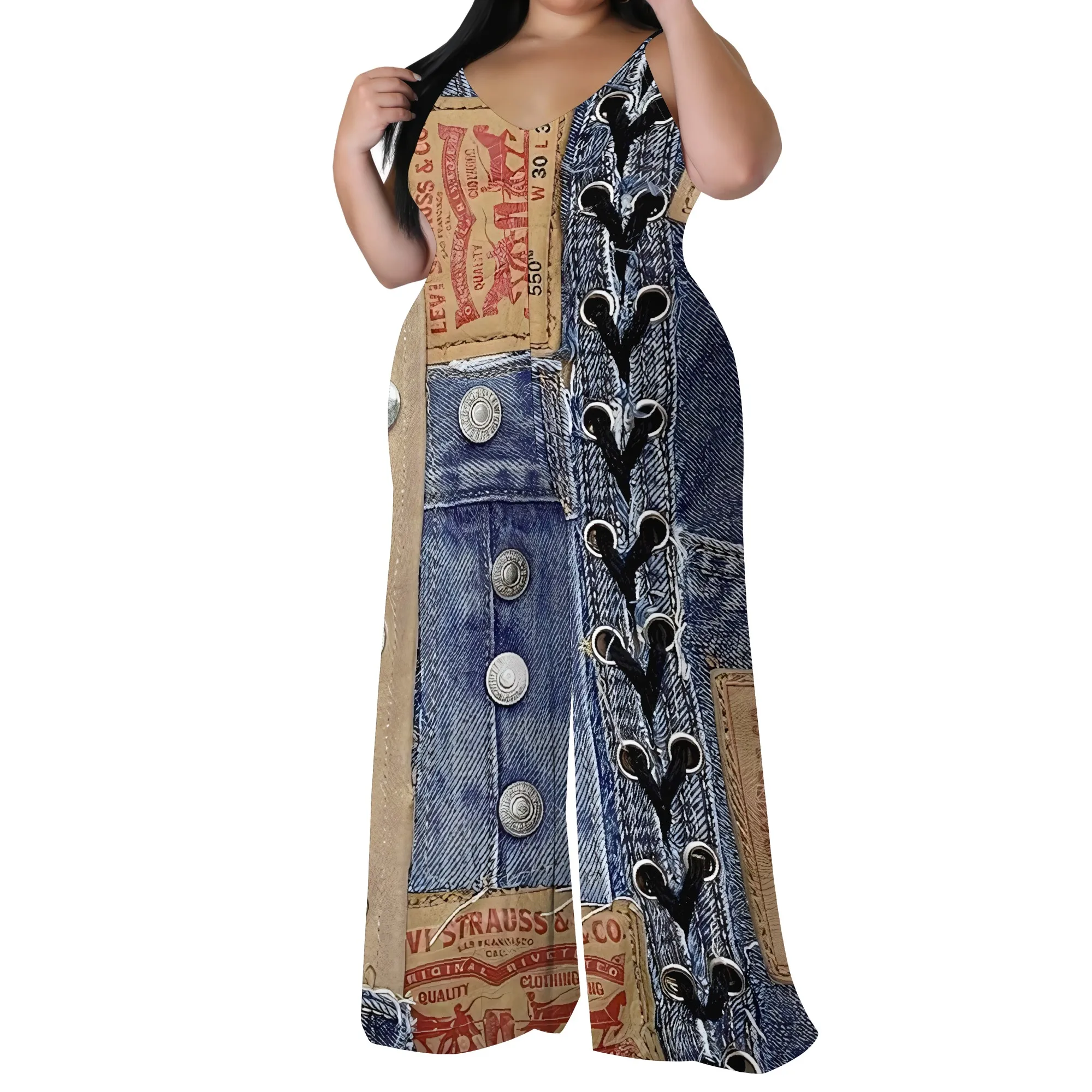 Plus Size Urban Denim Jumpsuit – Strapless Street Style Romper with Scarf, Wide Leg Palazzo Pants for Women Plus Size Urban Denim Jumpsuit - Strapless Street Style Romper with Scarf, Wide Leg Palazzo Pants for Women