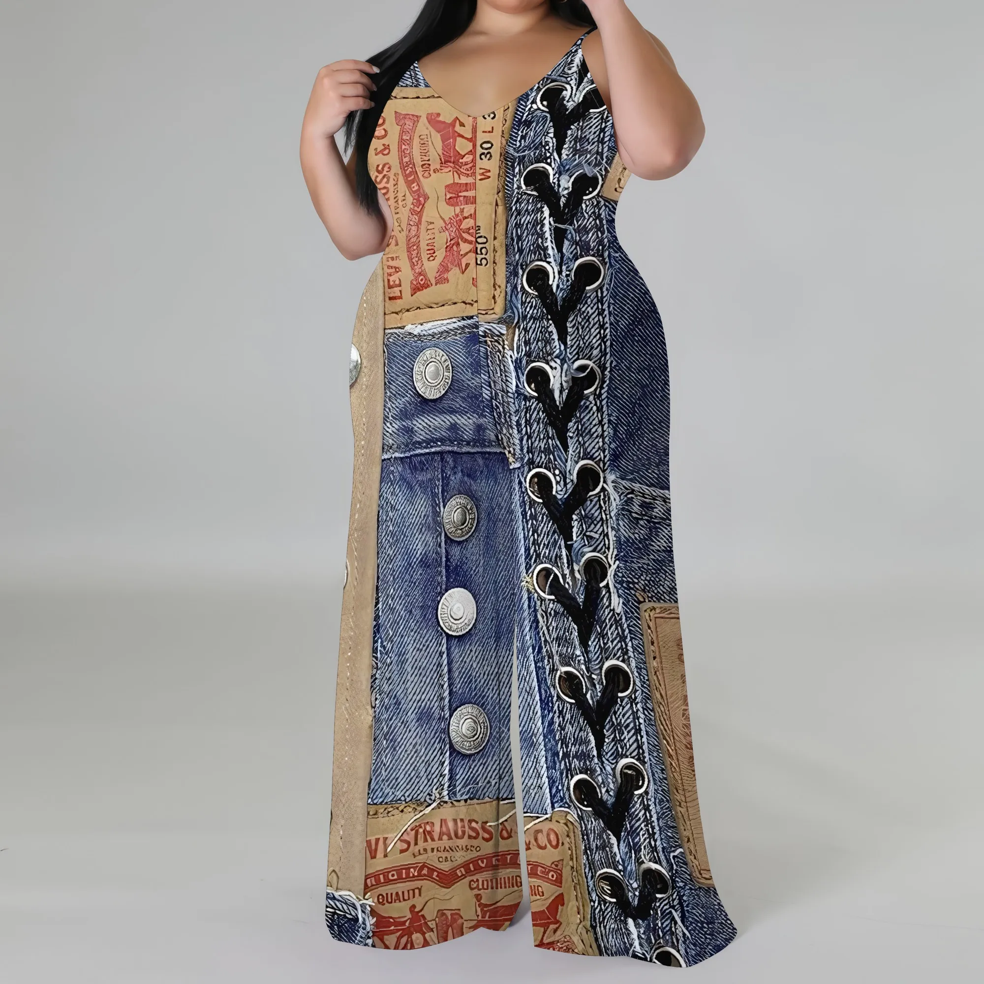 Plus Size Urban Denim Jumpsuit - Strapless Street Style Romper with Scarf, Wide Leg Palazzo Pants for Women Plus Size Urban Denim Jumpsuit - Strapless Street Style Romper with Scarf, Wide Leg Palazzo Pants for Women