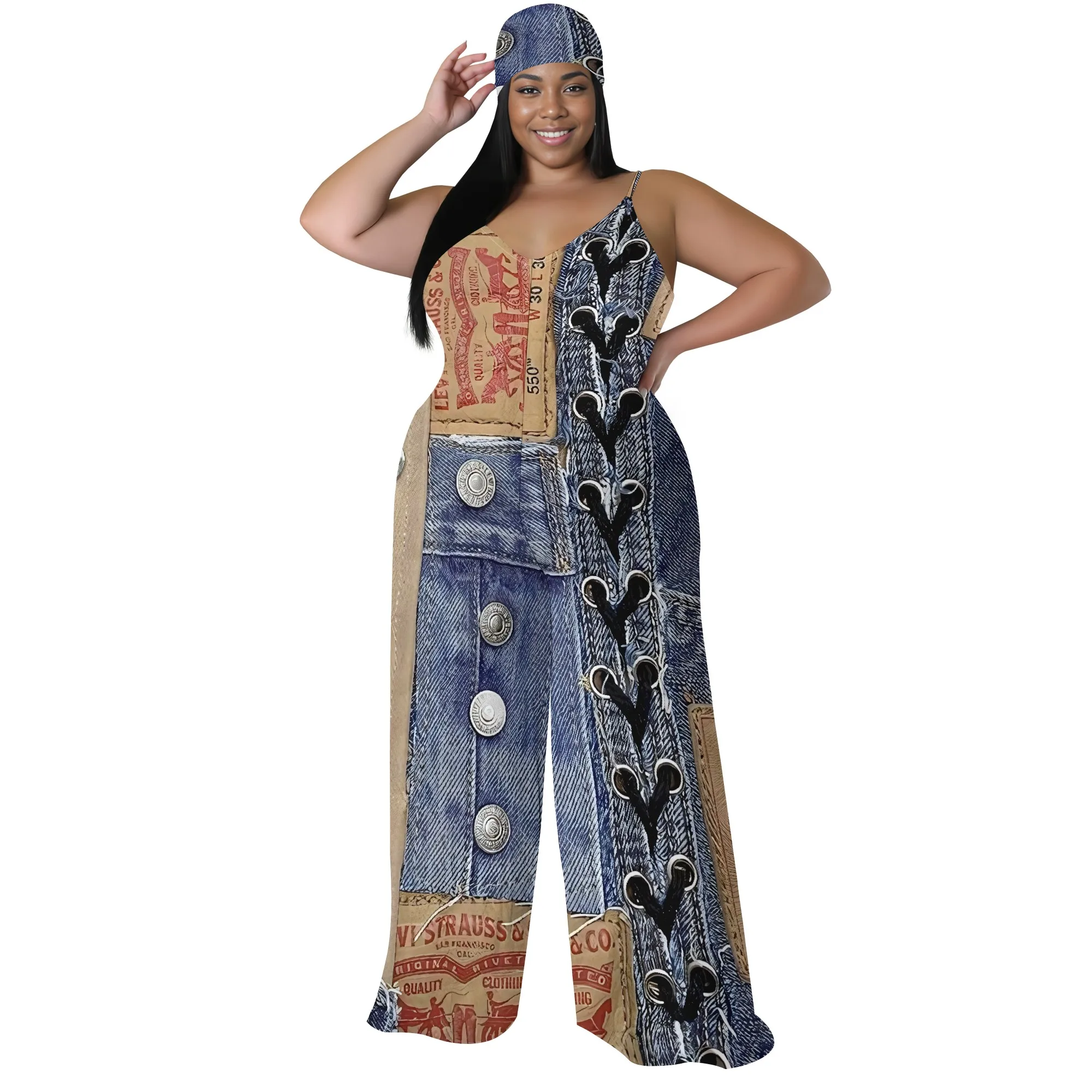 Plus Size Urban Denim Jumpsuit - Strapless Street Style Romper with Scarf, Wide Leg Palazzo Pants for Women Plus Size Urban Denim Jumpsuit - Strapless Street Style Romper with Scarf, Wide Leg Palazzo Pants for Women