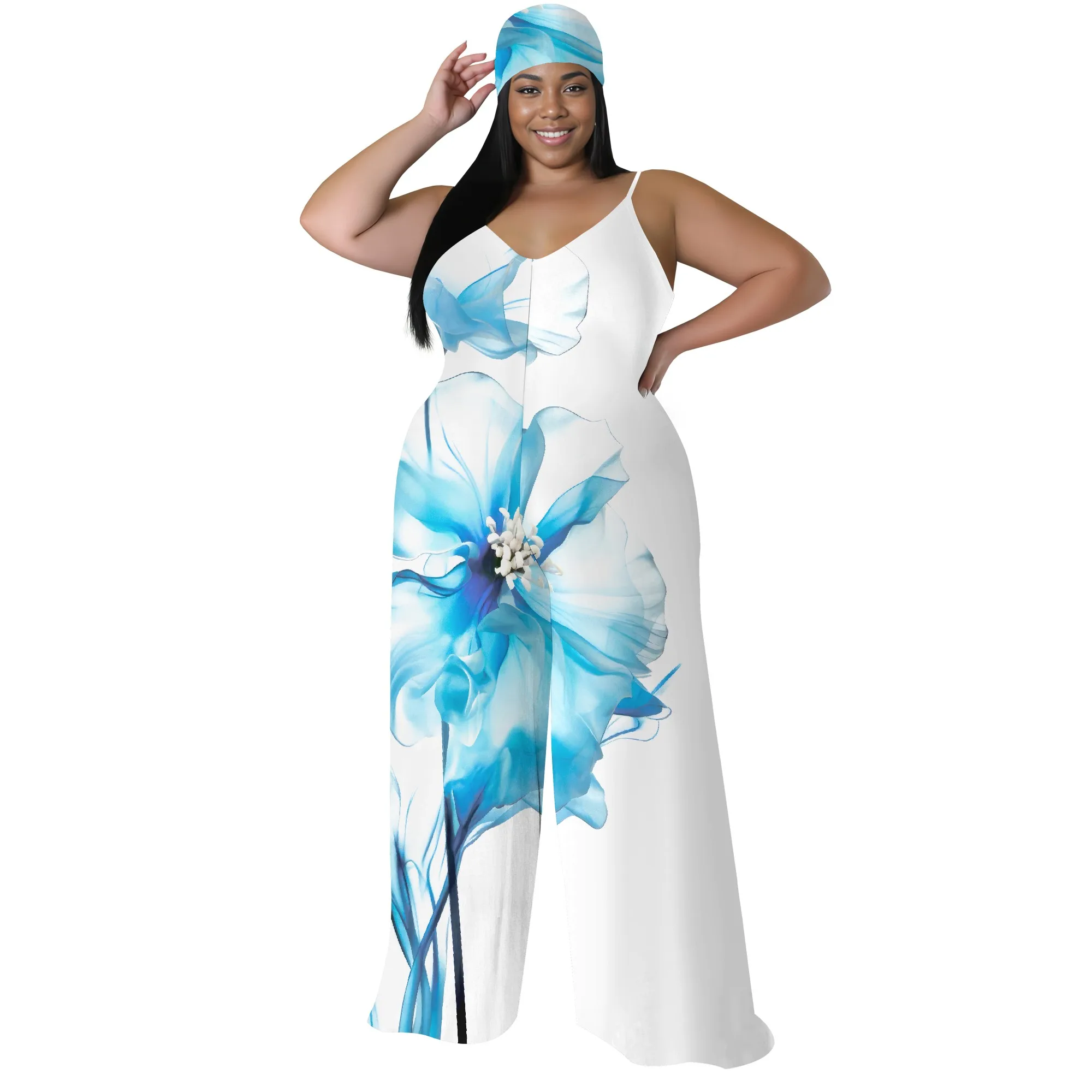 Boho Chic Floral Print Jumpsuit - Wide Leg Palazzo Pants with Headscarf, Summer Beach Romper for Women Boho Chic Floral Print Jumpsuit - Wide Leg Palazzo Pants with Headscarf, Summer Beach Romper for Women