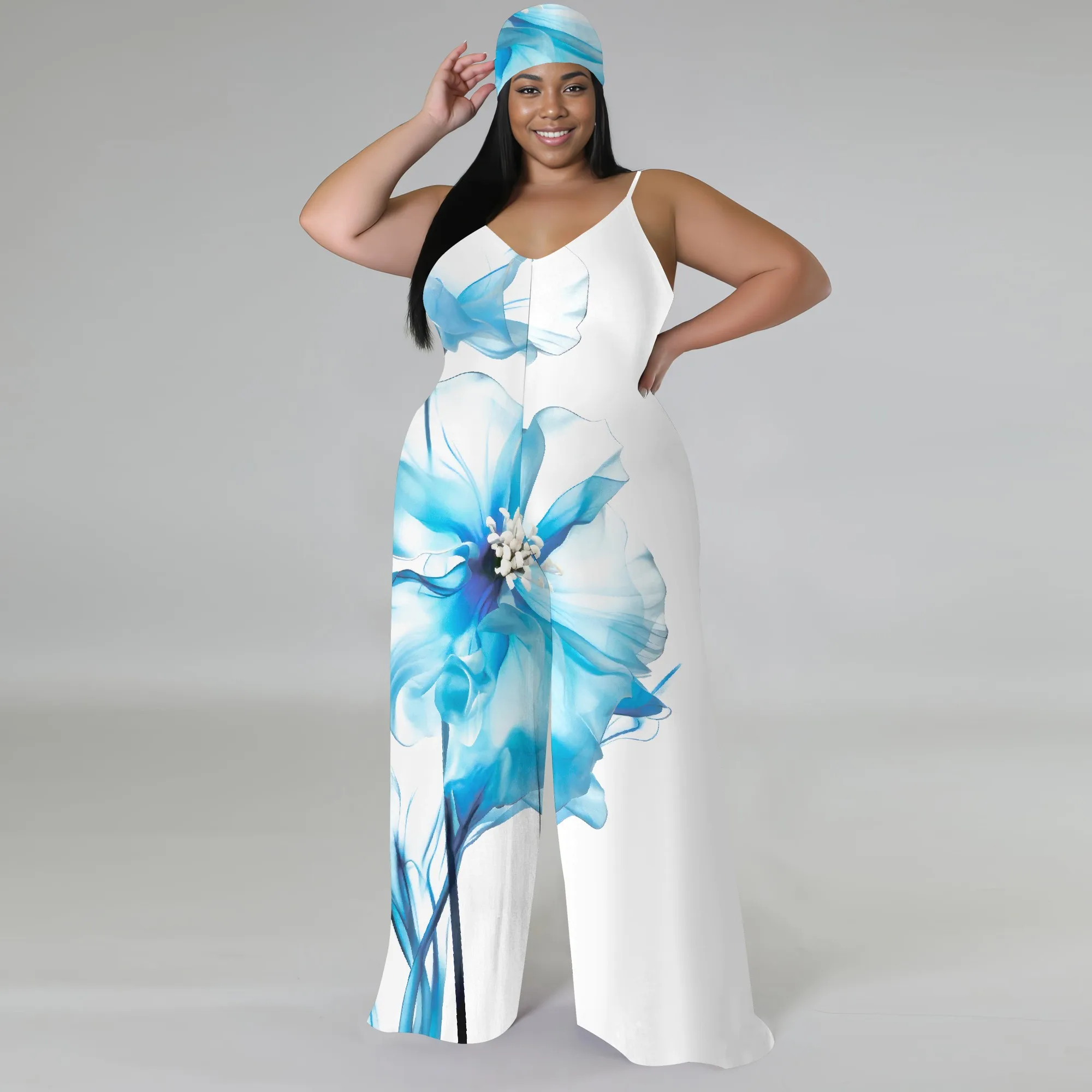 Boho Chic Floral Print Jumpsuit - Wide Leg Palazzo Pants with Headscarf, Summer Beach Romper for Women Boho Chic Floral Print Jumpsuit - Wide Leg Palazzo Pants with Headscarf, Summer Beach Romper for Women