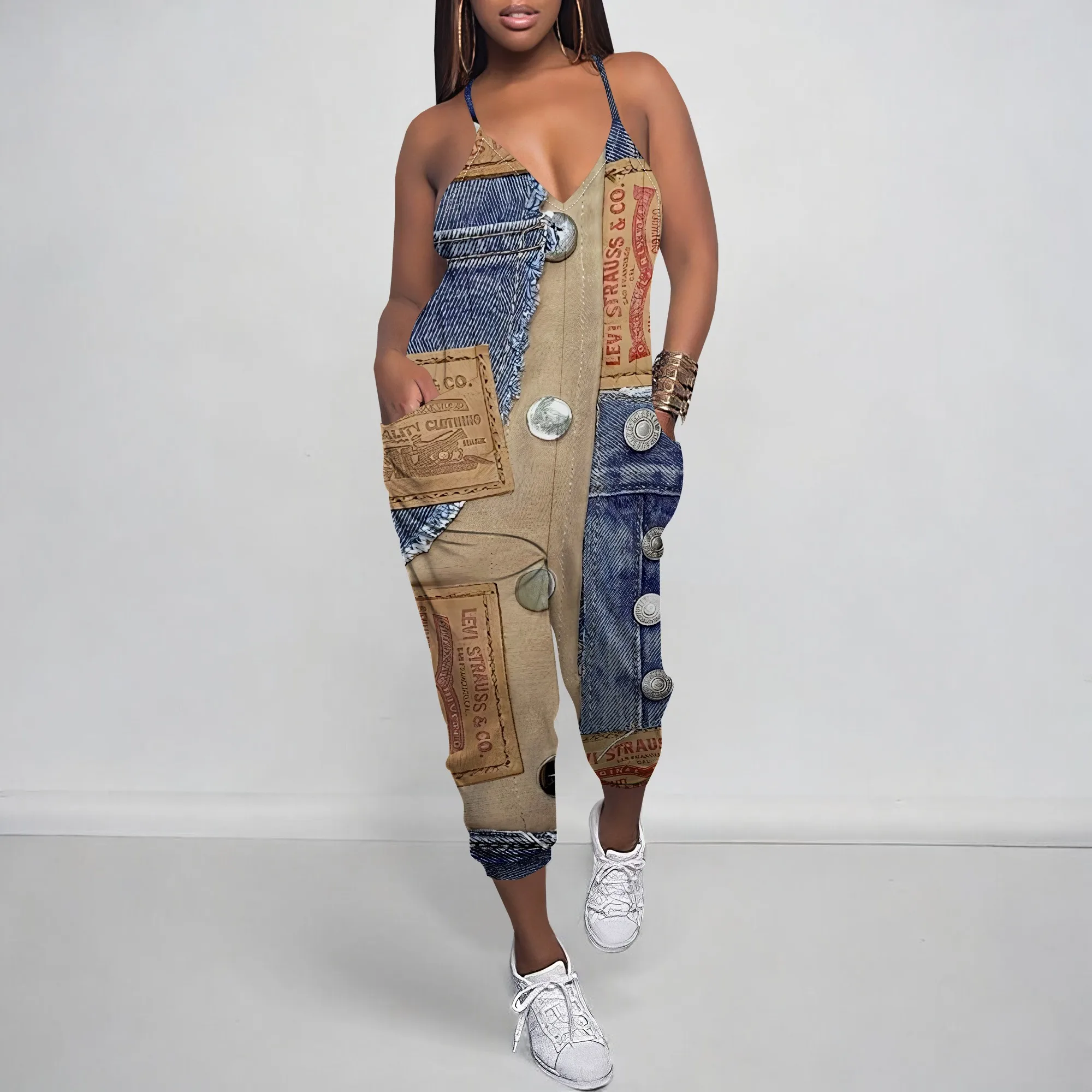 Sleeveless Shoulder Strap V Neck Top Wide Leg Pants Trousers Jumpsuit with Pockets Sleeveless Shoulder Strap V Neck Top Wide Leg Pants Trousers Jumpsuit with Pockets
