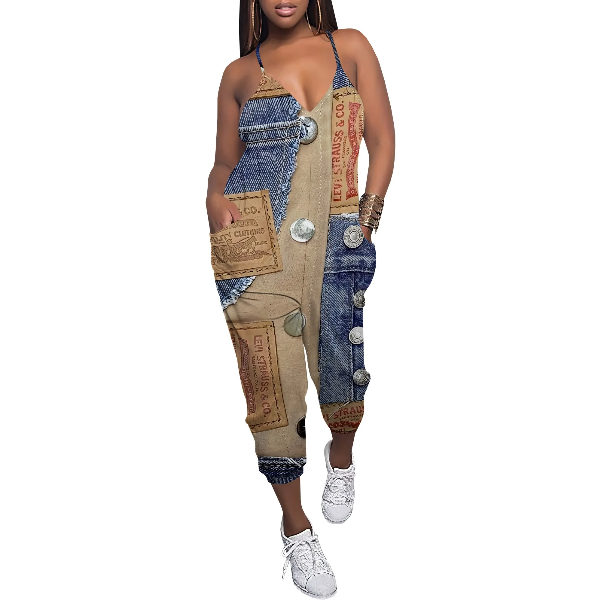 Sleeveless Shoulder Strap V Neck Top Wide Leg Pants Trousers Jumpsuit with Pockets Sleeveless Shoulder Strap V Neck Top Wide Leg Pants Trousers Jumpsuit with Pockets