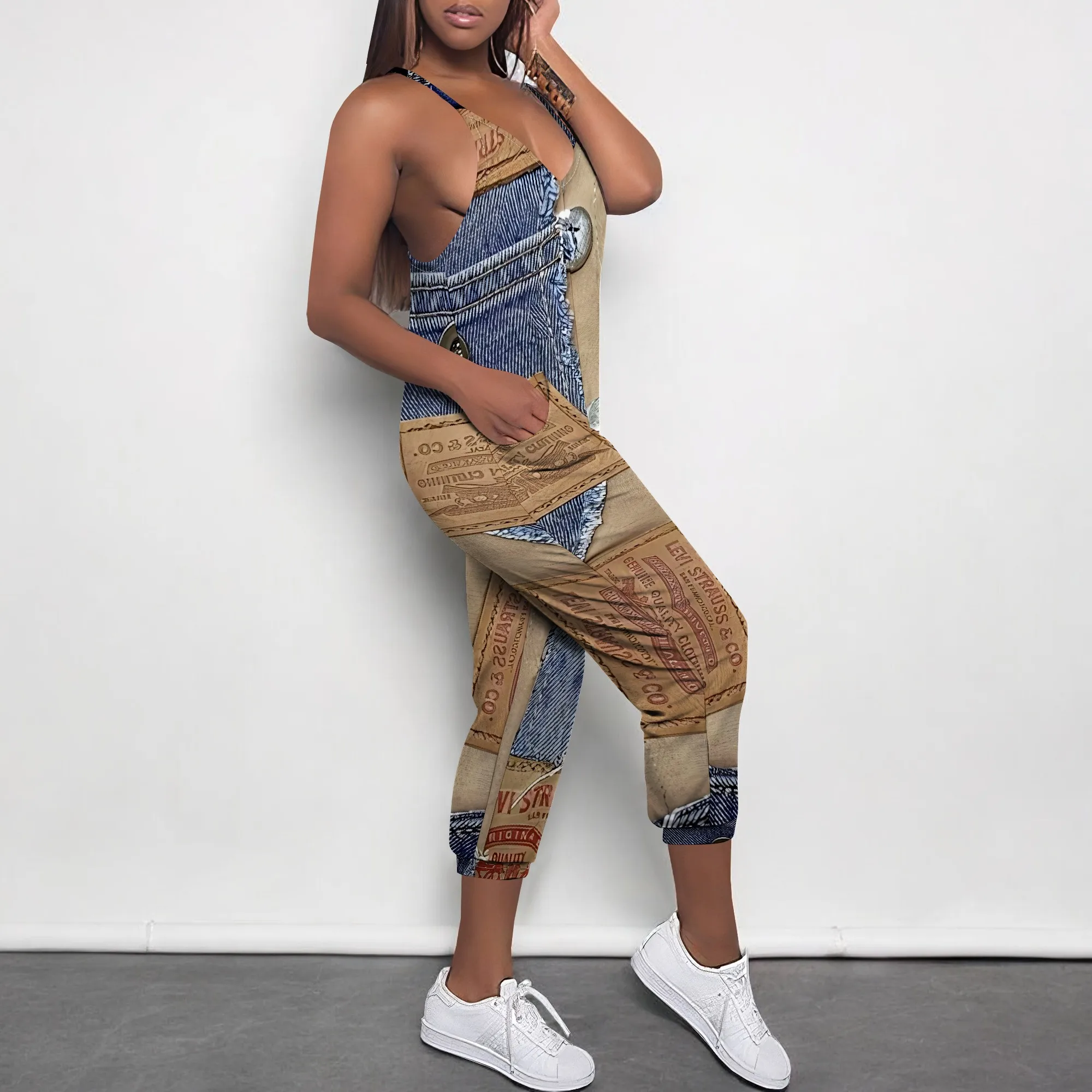 Sleeveless Shoulder Strap V Neck Top Wide Leg Pants Trousers Jumpsuit with Pockets Sleeveless Shoulder Strap V Neck Top Wide Leg Pants Trousers Jumpsuit with Pockets